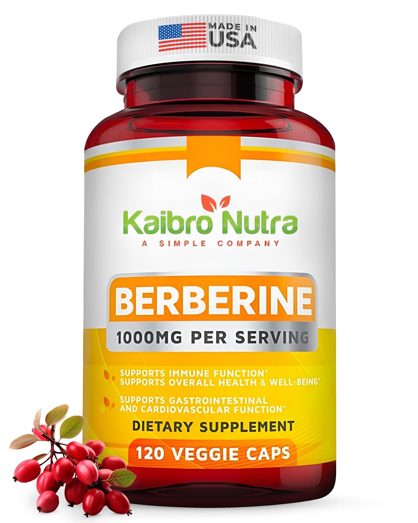 Kaibro Nutra Berberine Supplement 1000mg, Berberine HCL for Immune System, Glucose Support, Circulatory & Gastrointestinal Health, Vegan & Gluten-Free, 120 Capsules - Medaid International