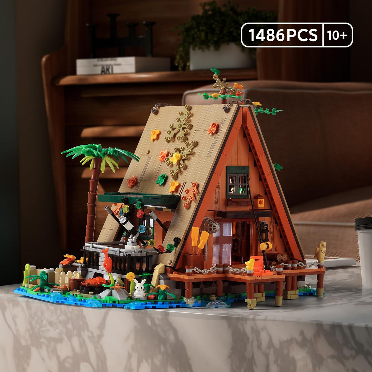 KASTWAVE Wood Cabin Mini Building Block, 1486 Pcs Creative Forest Cabin Building Bricks Set with Light Effect, STEM Architecture Toys Kit, Gift for Kids Boys and Girls Ages 8