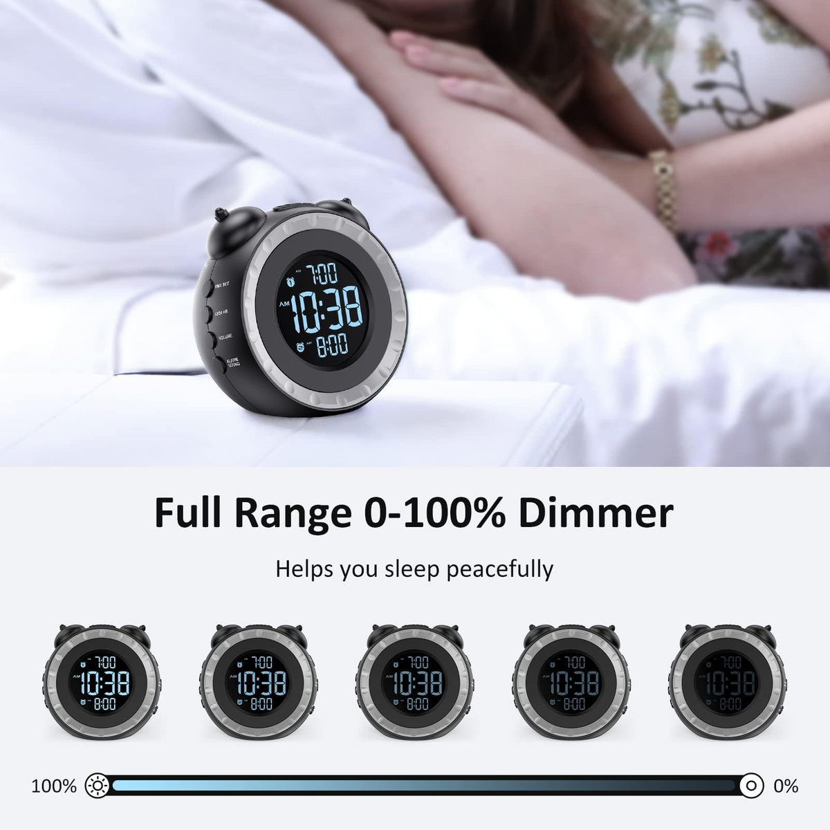 TERRIFI Loud Dual Alarm Clock with Bed Shaker, 0-100% Dimmer, Vibrating Alarm for Heavy Sleepers or Hearing Impaired, Easy to Set with USB Charging Port, Snooze Function, and Battery Backup