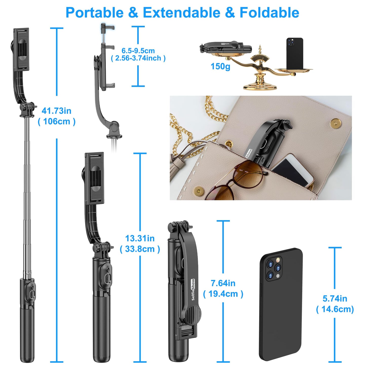SelfieShow Selfie Stick, Extendable Selfie Stick Tripod with Wireless Remote and Tripod Stand, Portable, Lightweight, Compatible with iPhone 15 14 13 12 Pro Xs Max X 8Plus, Samsung Smartphone and More - Medaid International