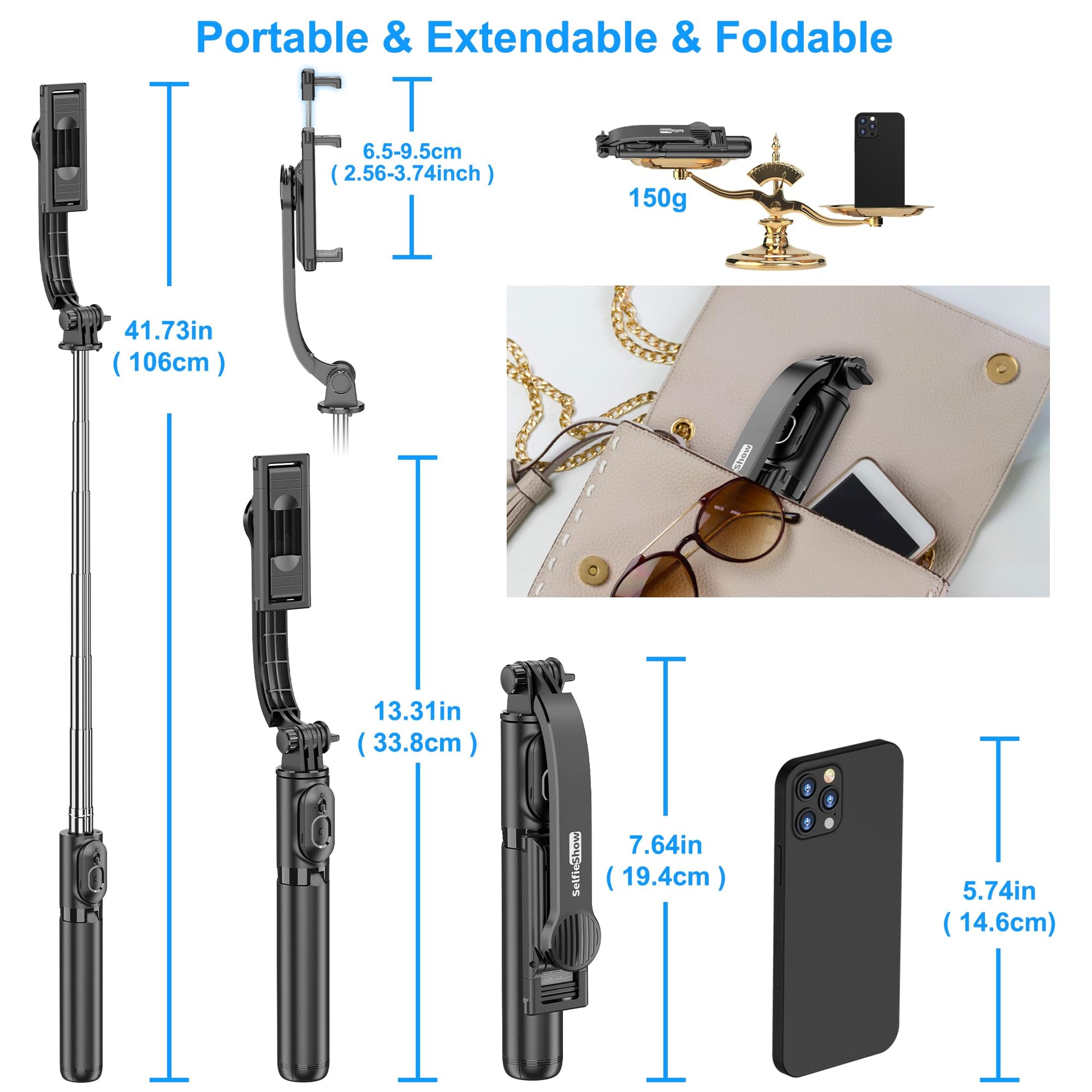 SelfieShow Selfie Stick, Extendable Selfie Stick Tripod with Wireless Remote and Tripod Stand, Portable, Lightweight, Compatible with iPhone 15 14 13 12 Pro Xs Max X 8Plus, Samsung Smartphone and More - Medaid International