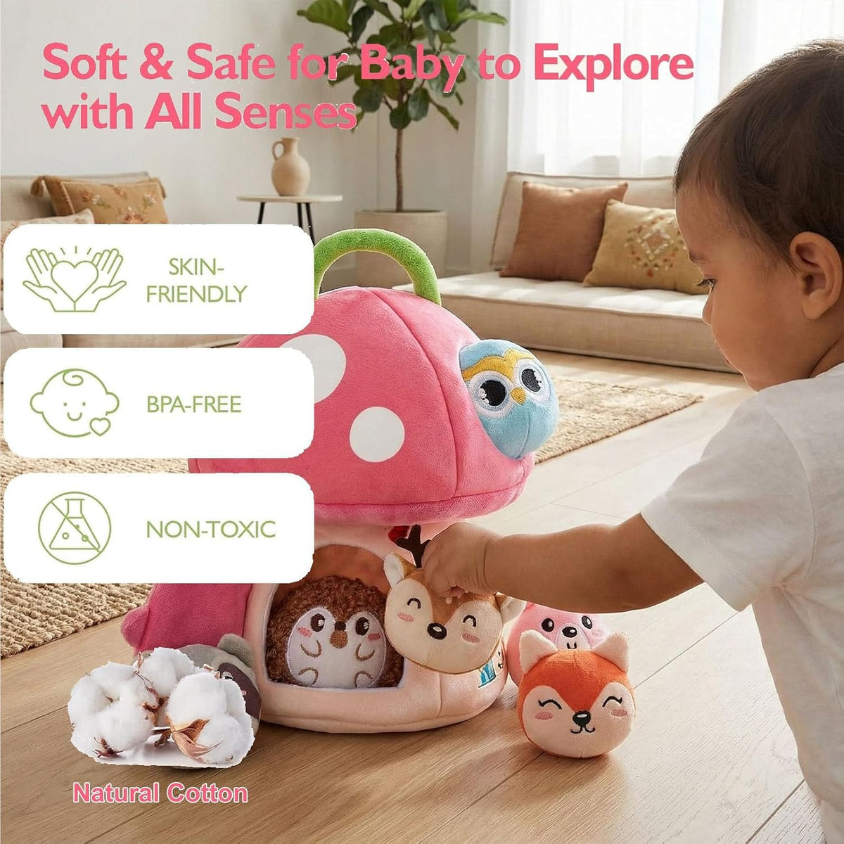 Baby Toys 6-12 Months-Mini Farm Animals Shape Sorter Toys with 6pc Stuffed Farm Animals Plush Toy,Rattle,Crinkle Paper,Mirror-Busy Montessori Toy for Babies,Sensory Toys for Toddlers 1-3 (Pilzhaus)
