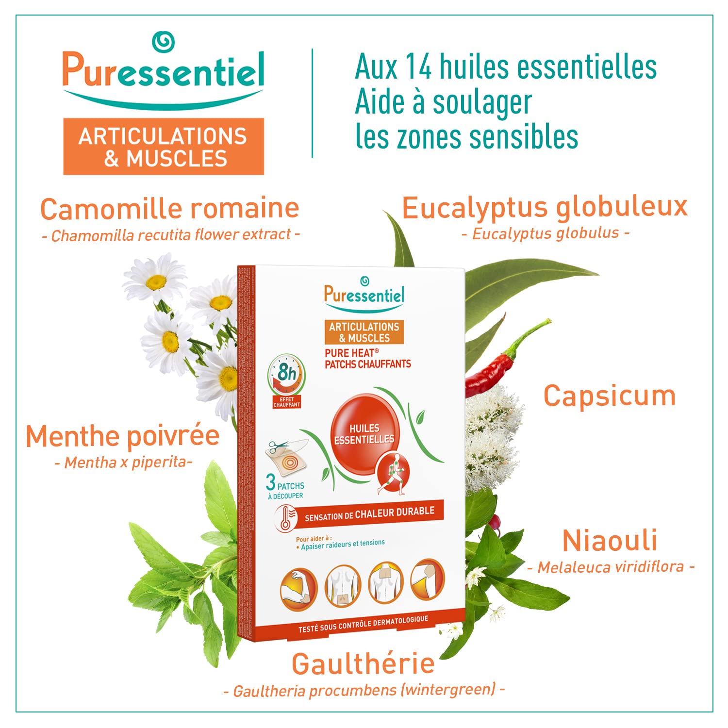 Puressentiel Muscles & Joints Heating Patches with 14 Essential Oils - Relieves Muscle Tension - 8 Hours Heating Action - Odorless, Comfortable and Adaptable - Epidermal Penetration - 3 Patches - Medaid International