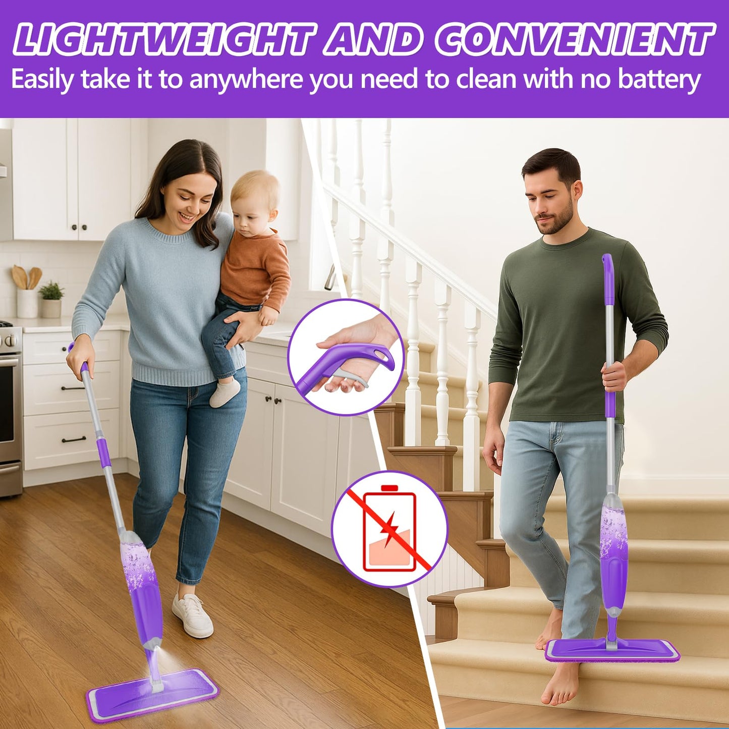 HOMTOYOU Spray Mops for Floor Cleaning: Wet Mop for Hardwood Tile Wood Laminate Vinyl - 3 Washable Microfiber Pads for Swiffer Powermop - Absorbs Pet Hair Dust - Medaid International