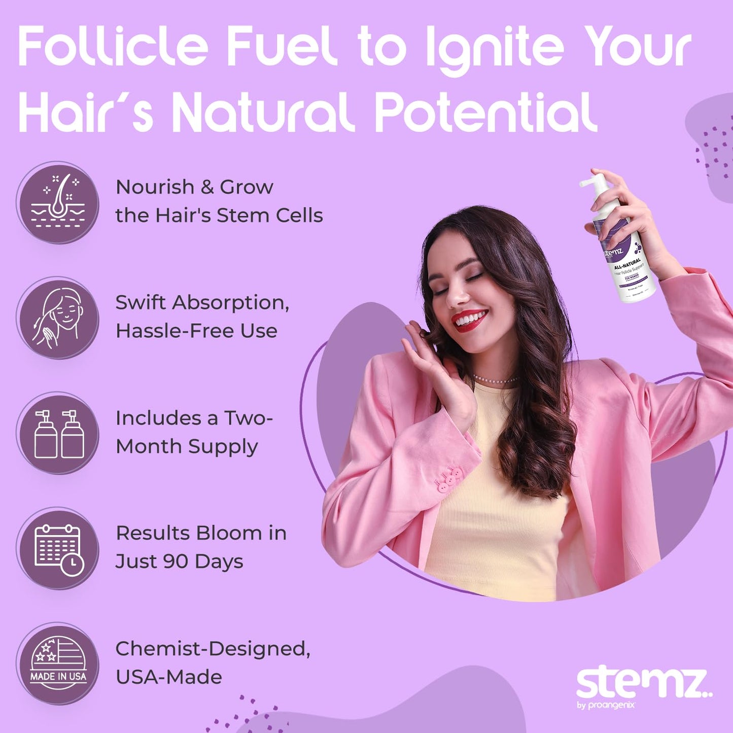 Stemz for Women - Hair Follicle Stimulator - Natural Alternative to Minoxidil and Hair Growth Oil - Sea Moss Peptides to Support Hair Growth - Delivers Results in 90 Days - Medaid International