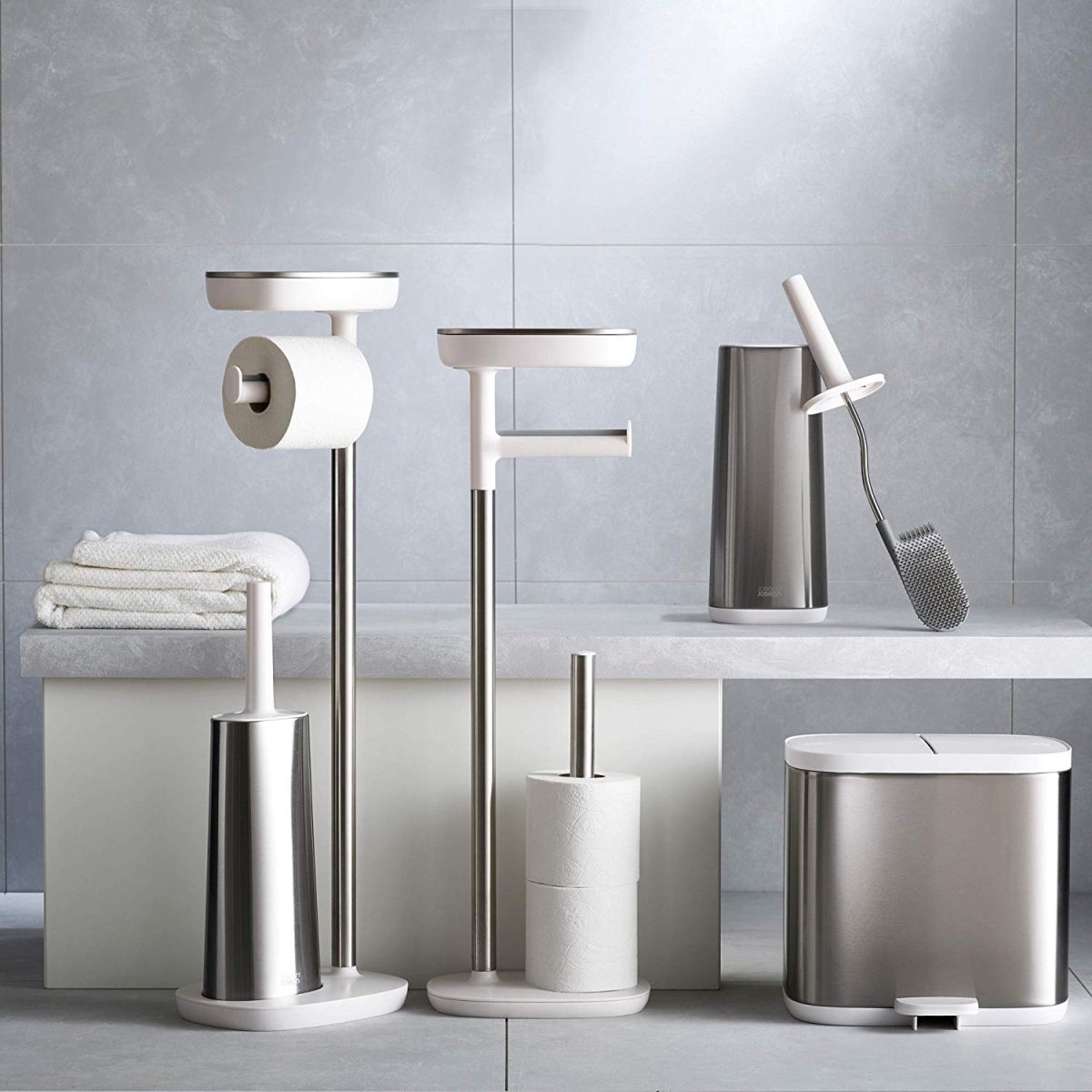 Joseph Joseph EasyStore Butler Toilet Paper Holder Stand and Spare Roll Storage with Shelf and Drawer, Stainless Steel - Medaid International