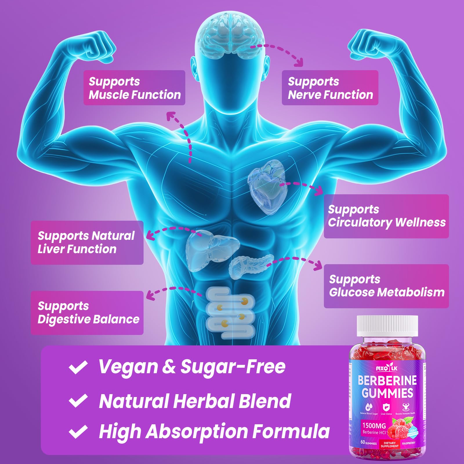 Berberine Gummies 1500mg – High Potency Berberine Supplement with Ceylon Cinnamon and Milk Thistle – Supports Glucose Metabolism & Natural Liver Function – Vegan, Sugar-Free, Non-GMO – 60 Count - Medaid International
