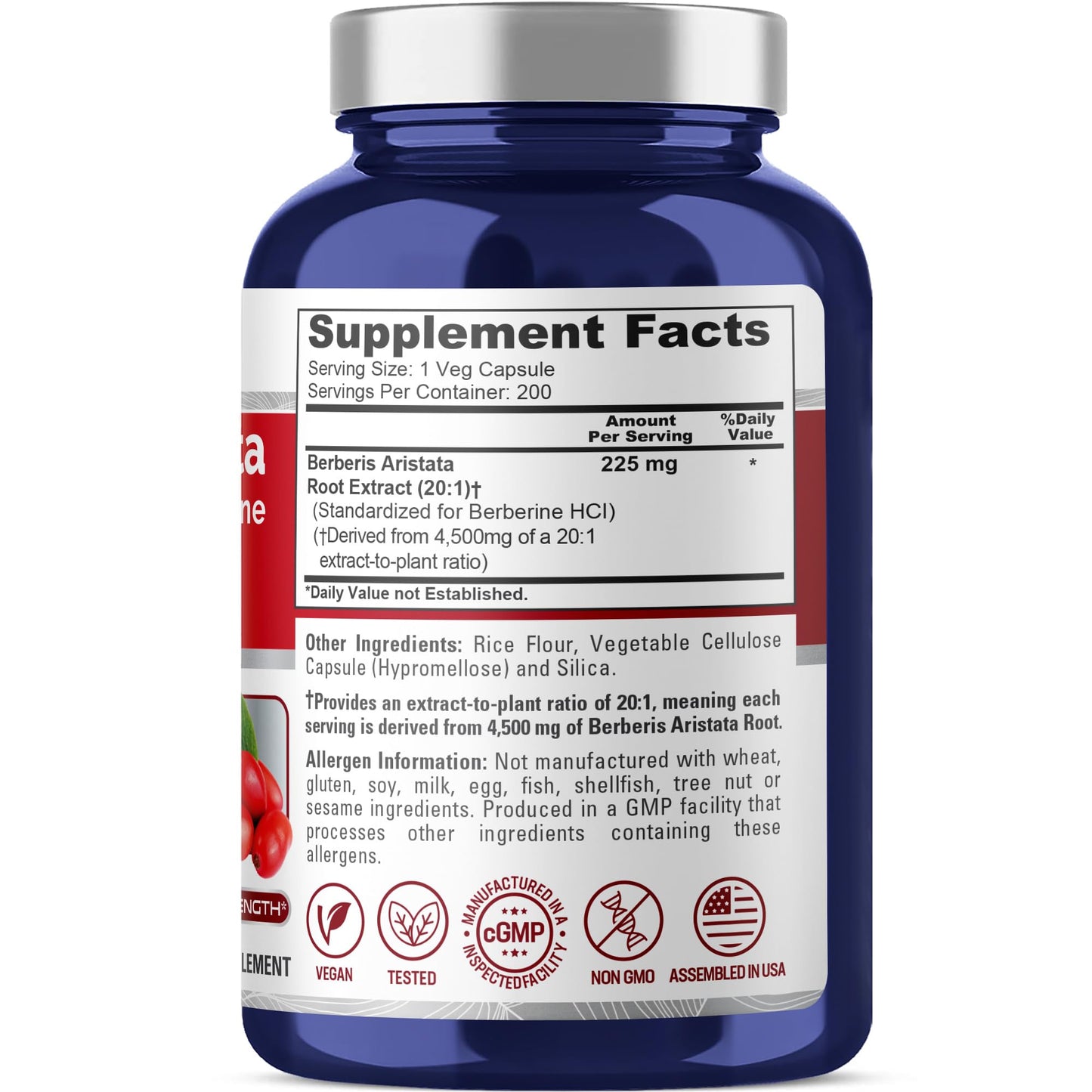 NusaPure Berberine HCI 20:1 Extract, 225 mg Equivalent to 4,500mg - 200 Veggie Caps - (Vegetarian, Non-GMO, Vegan) - Medaid International