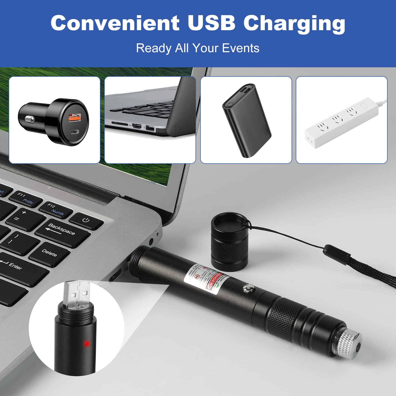 Damflew Green Laser Pointer High Power Pen - Long Range Rechargeable Laser Beam, USB Charging for Hiking, Presentations & Outdoor Use (Professional-Grade Green Light) - Medaid International