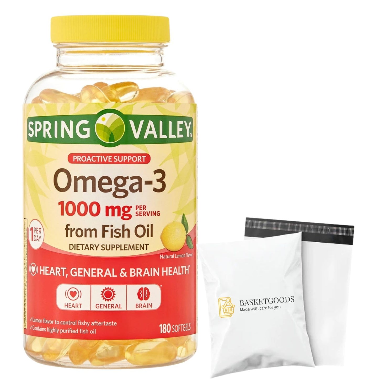 Spring Valley Omega-3 Fish Oil Soft Gels, 1000 mg, 180 Count, Dietary Supplement, Omega-3 Fatty Acids - Set by Basket Goods - Medaid International