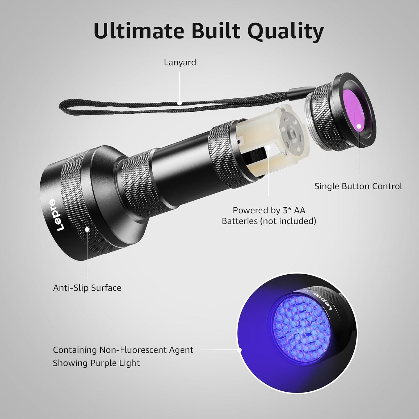Lepro UV Flashlight, 51 LED UV Light Torch, Black-light Lights, 395nm Ultraviolet Flashlight, Blacklight Detector for Pet Urine, Stain, Bed Bugs, Scorpions, Banknote and More (Batteries Not Included)