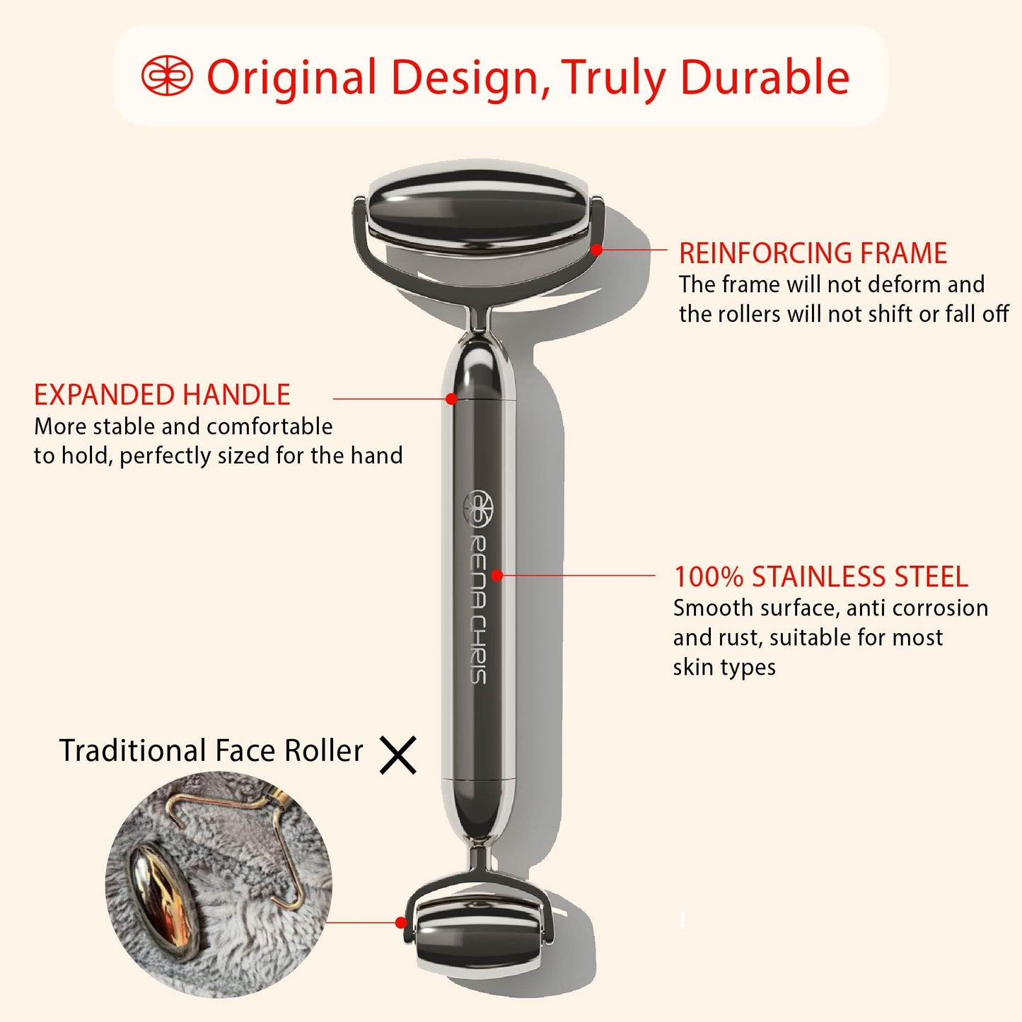 Rena Chris Gua Sha and Face Roller Set: Anti-Breakage Stainless Steel Roller for Long-Lasting Use, Jawline Sculpting and Puffiness Reducing, Gua Sha Facial Tools for Self Care Gift (Silver) - Medaid International
