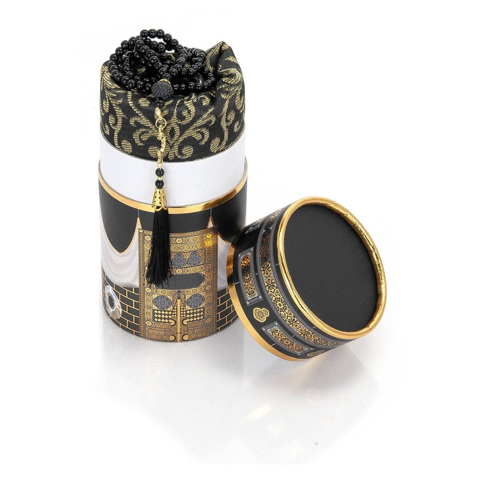 ihvan online Muslim Soft Prayer Rug, Carpet Mat and Prayer Beads with Elegant Design Cylinder Gift Box Set, Janamaz, Sajadah, Islamic, Taffeta Fabric, Black / Mod2 - Medaid International