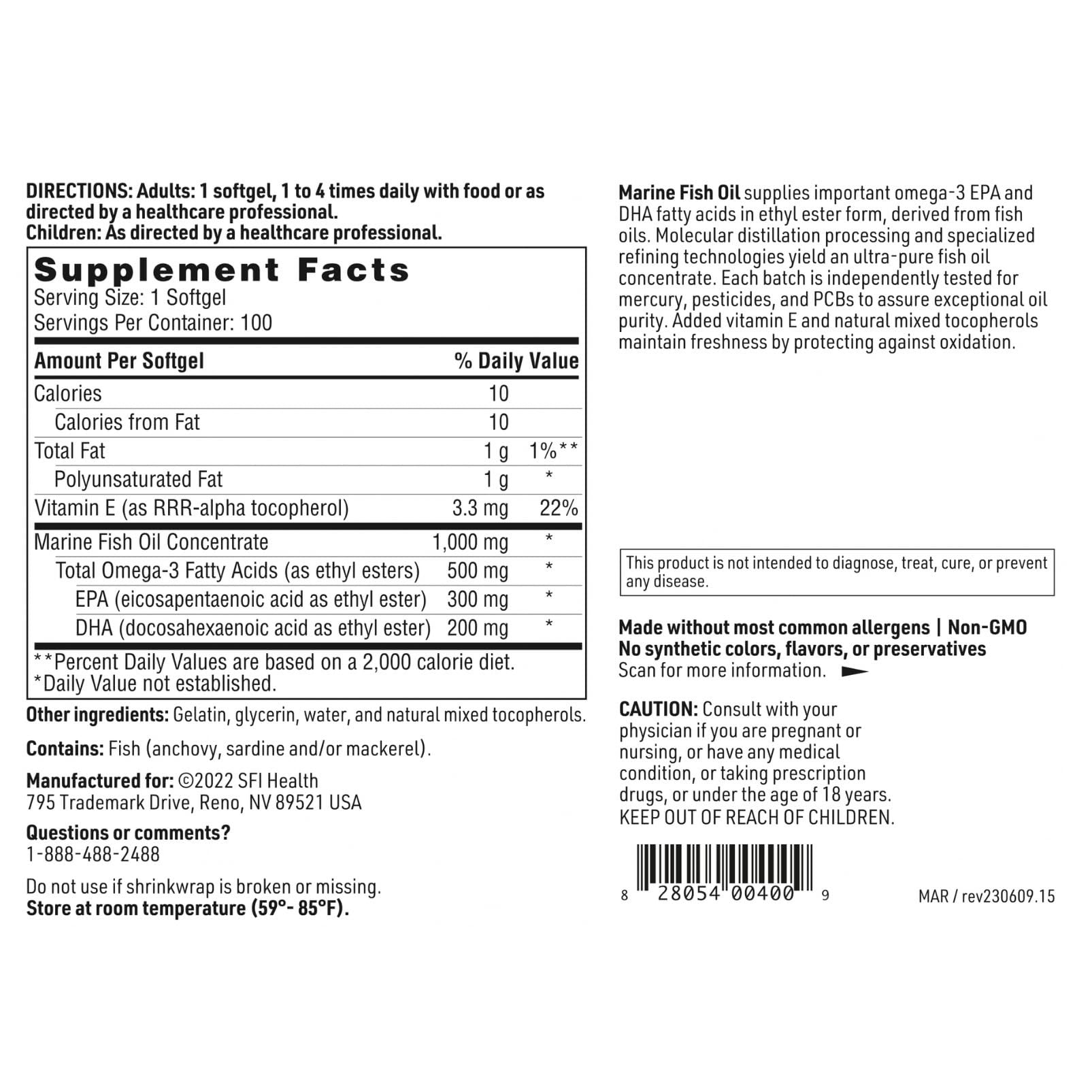 Klaire Labs SFI Health Marine Fish Oil - Ultra Pure 300 Milligrams EPA & 200 Milligrams DHA Omega 3 Unflavored Fish Oil with No Fishy Taste, Cholesterol-Free & Gluten-Free (100 Softgels) - Medaid International