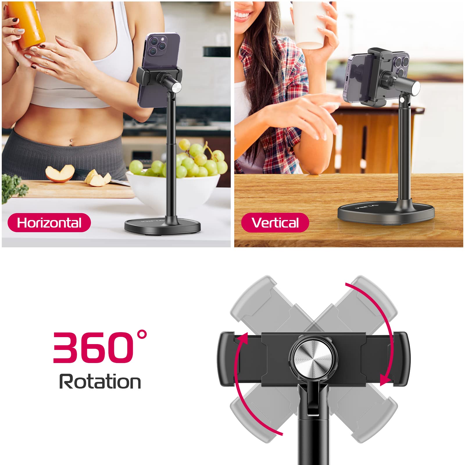 ULANZI Cell Phone Stand Mount for Desk, Vijim HP004 Adjustable Height & Angle Phone Holder, 360 Degree Rotating Desktop Phone Stand Compatible with iPhone, Samsung and All Phones - Medaid International