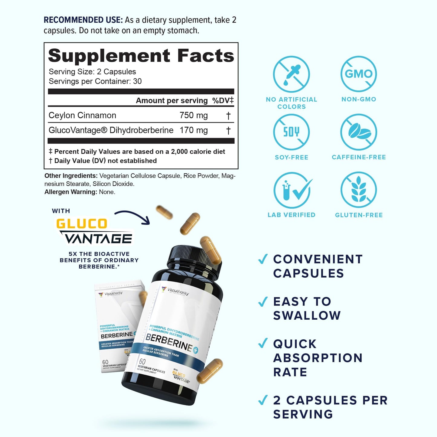 Berberine Supplement Ceylon Cinnamon Supplements Capsules | High Absorption Dihydroberberine, Cinnamon for Balance and Support | Vegan & Gluten Free Powerful AMPk Activator & Antioxidant | 30 Servings - Medaid International