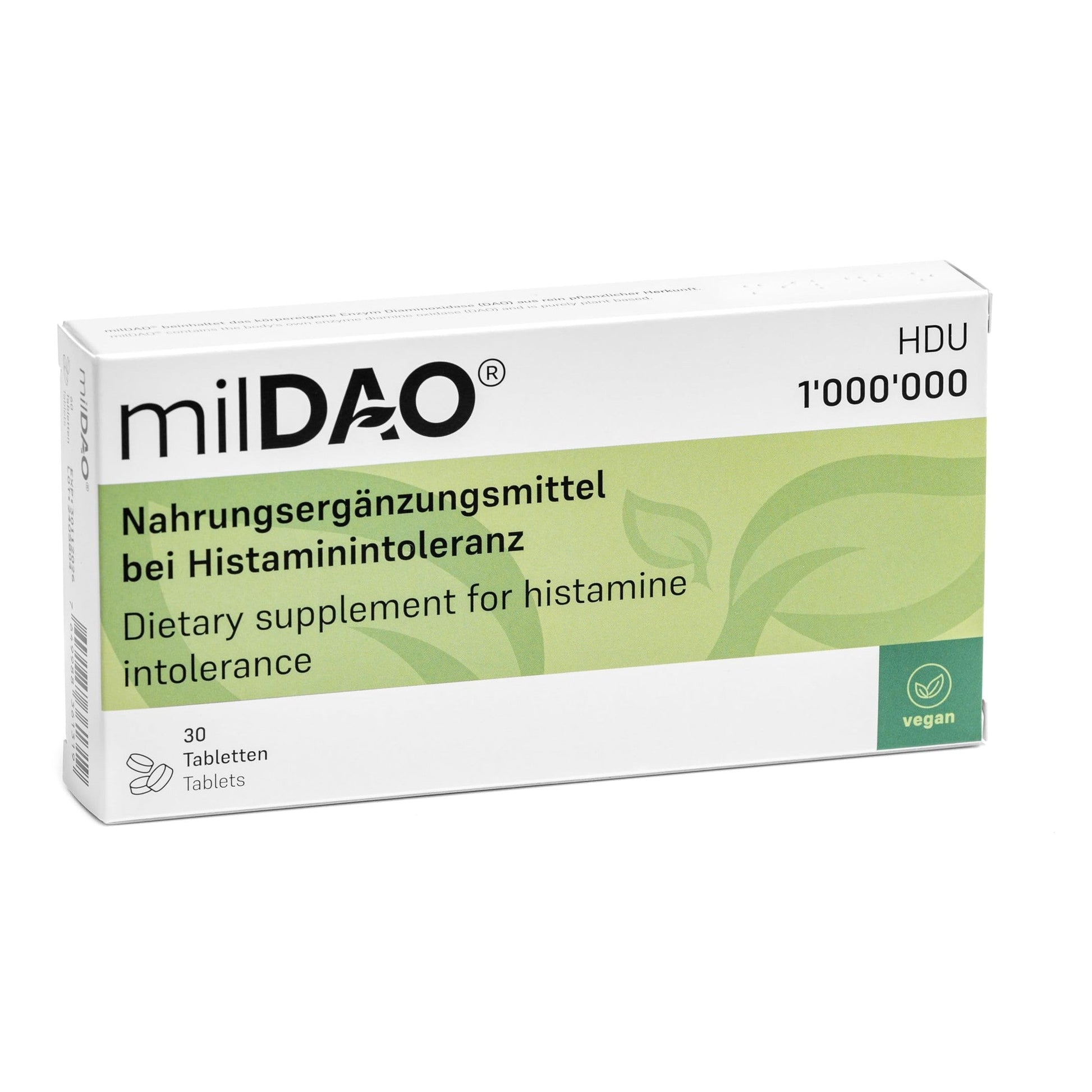 milDAO® – 30 Vegan Tablets | DAO Enzyme Supplement for Histamine Intolerance | 1,000,000 HDU per Tablet | with Catalase | Lyophilized | Foil Pouch with Silica Gel for Maximum Stability - Medaid International