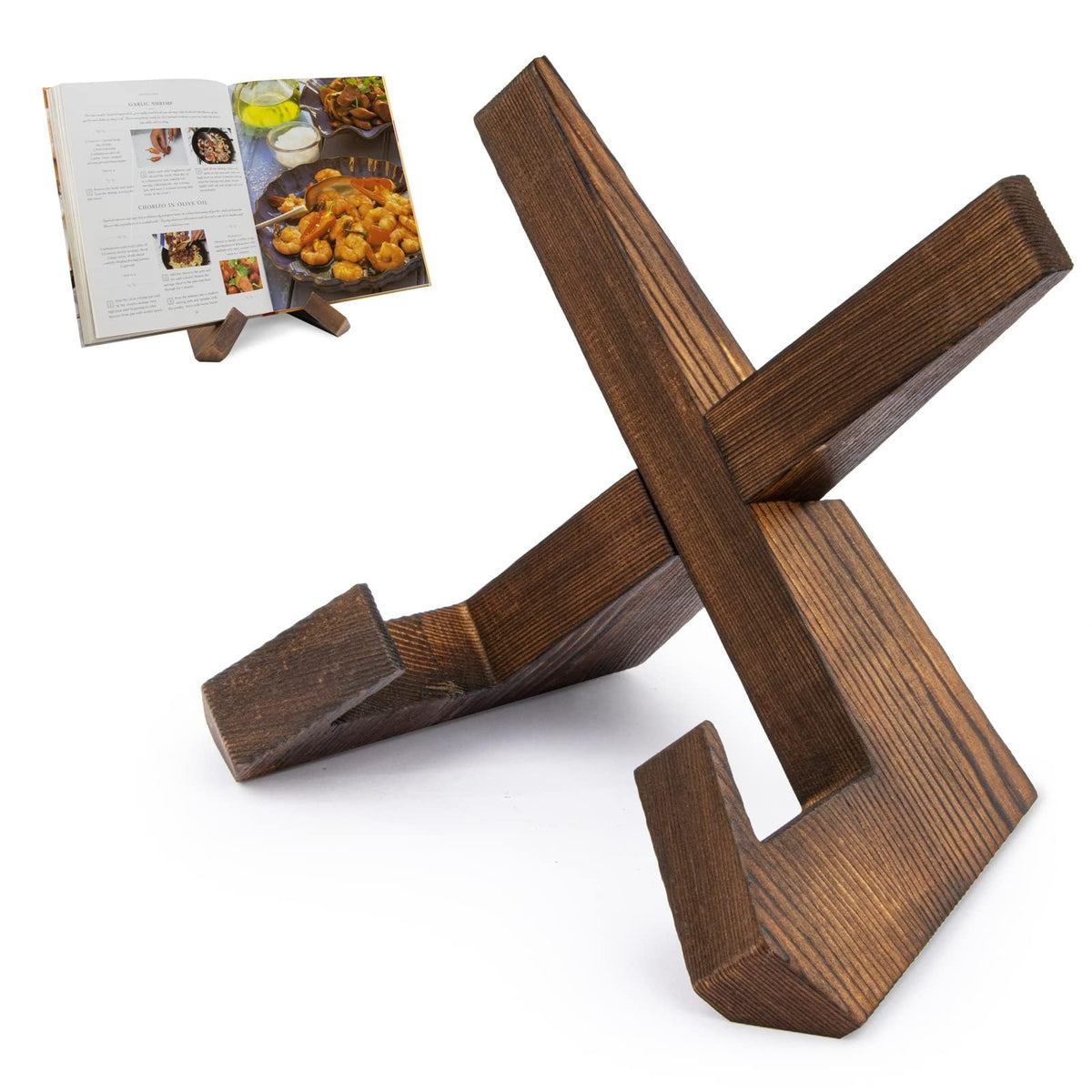 Terrifi Cookbook Stand For Kitchen, Handmade Wooden Holder, Recipe Book Holder Kitchen Counter, Rustic Cook Stand, Menu Display - Brown