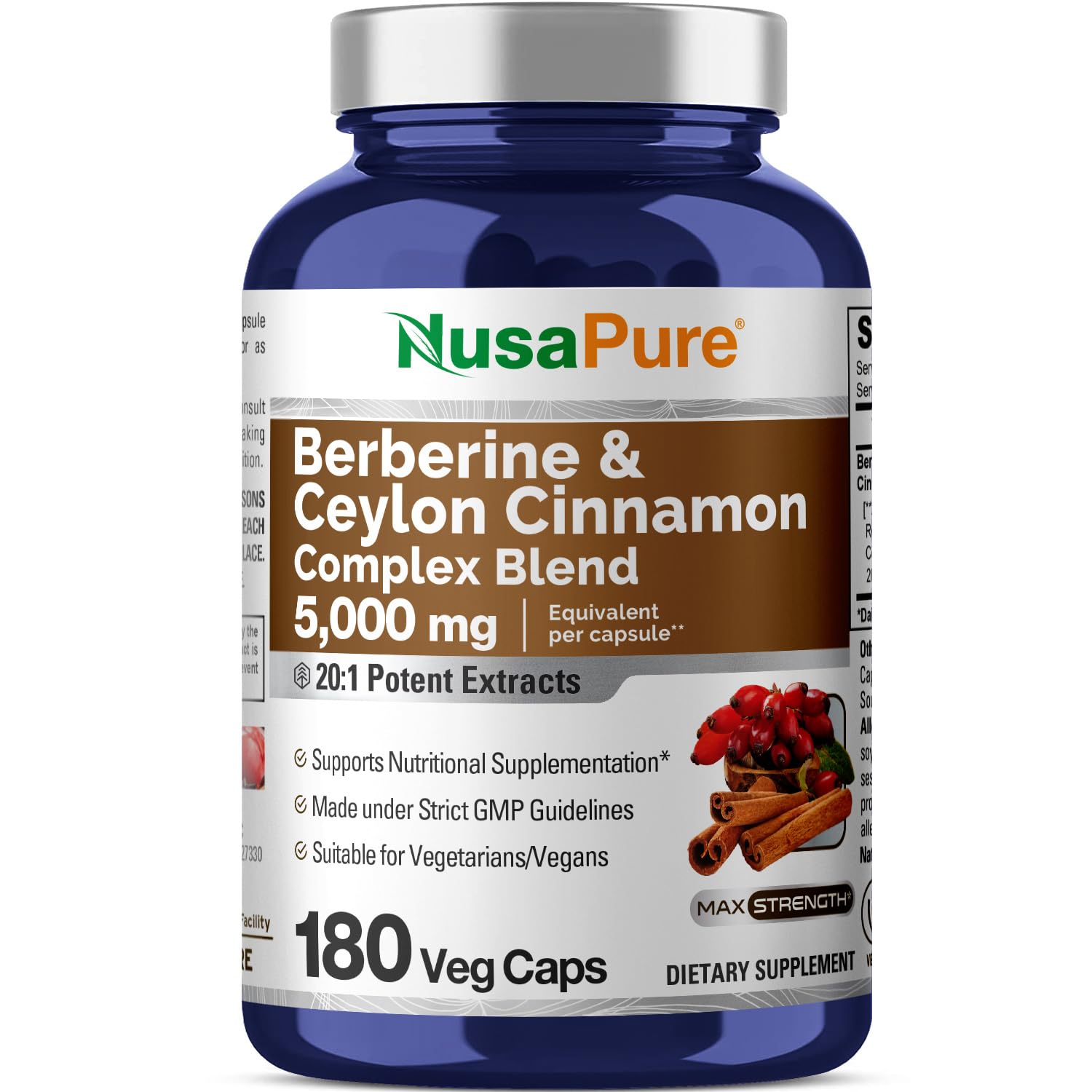 NusaPure Berberine with Ceylon Cinnamon 20:1 Extract, 250 mg Equivalent to 5000mg 180 Veggie Capsules, Vegetarian, Non-GMO Supplement, (Berberine Complex) - Medaid International