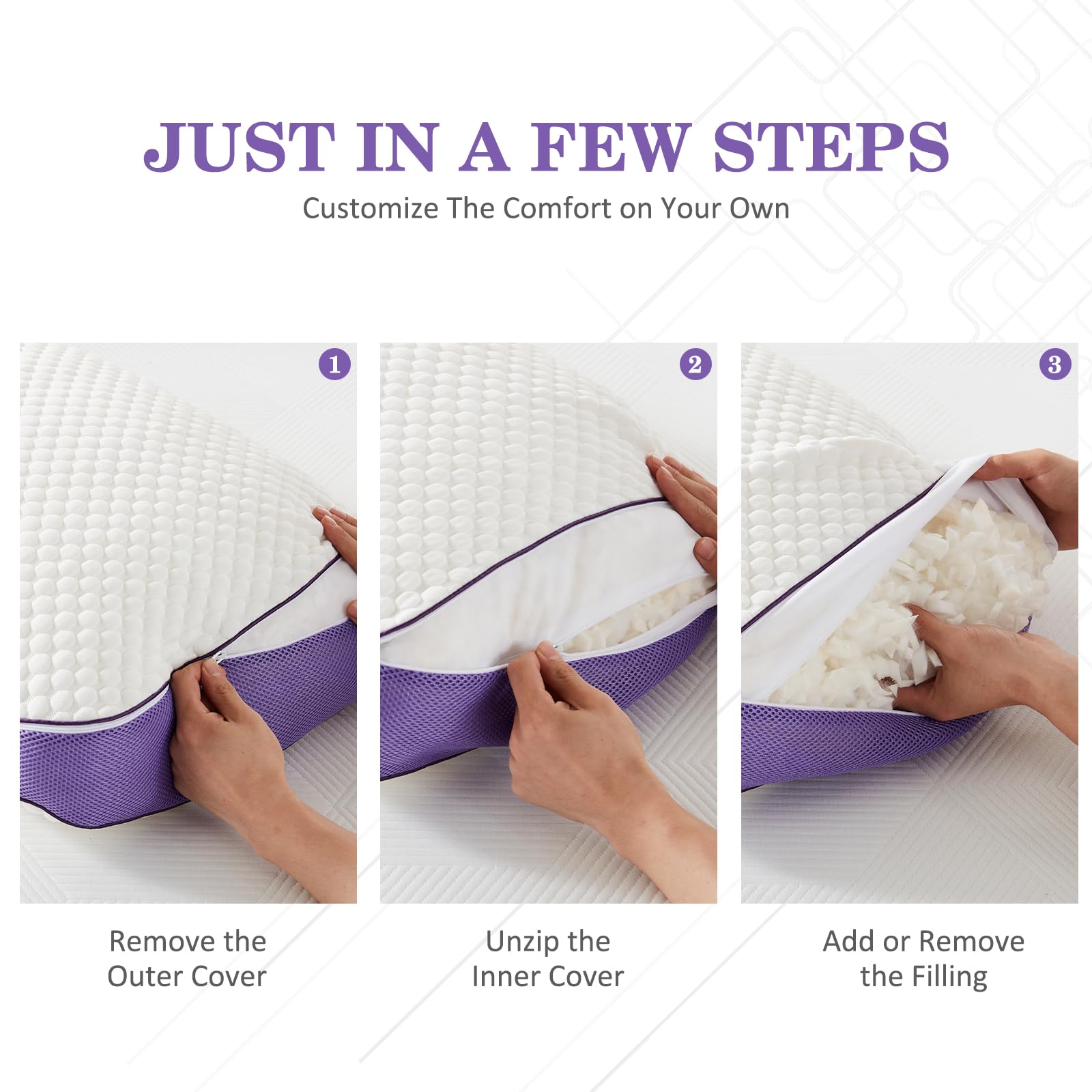 HOMELAB Adjustable Shredded Memory Foam Pillow Queen Size, Cooling Bed Pillow for Sleeping with Removable Cover, Medium Pillow for Side Stomach & Back Sleepers, 1 Pack 20"x28" - Medaid International