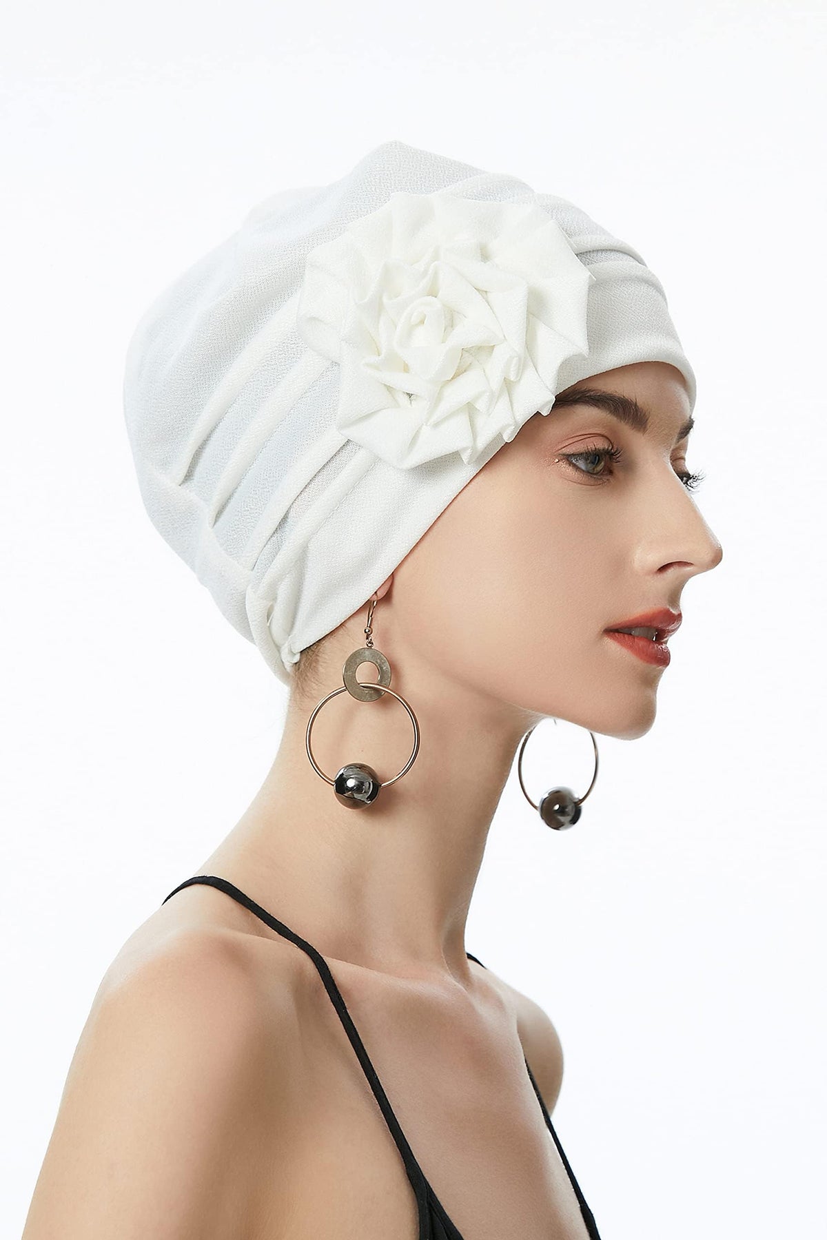 TERRIFI Women's Turban Beanie Hat with Flower - Elastic Chemo Headwear, Floral Head Wrap Cap, White