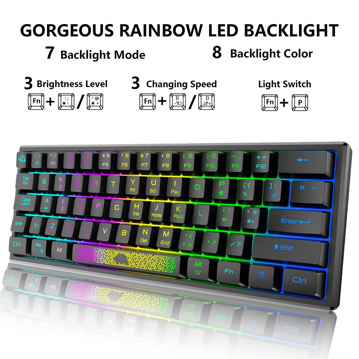 KASTWAVE 60% Wired Gaming Keyboard, RGB Backlit Ultra-Compact Mini Keyboard, Portable 62 Keys Keyboard, Waterproof Percent Mechanical Feeling Keyboard for PC/Mac Gamer, Typist, Travel (Black)
