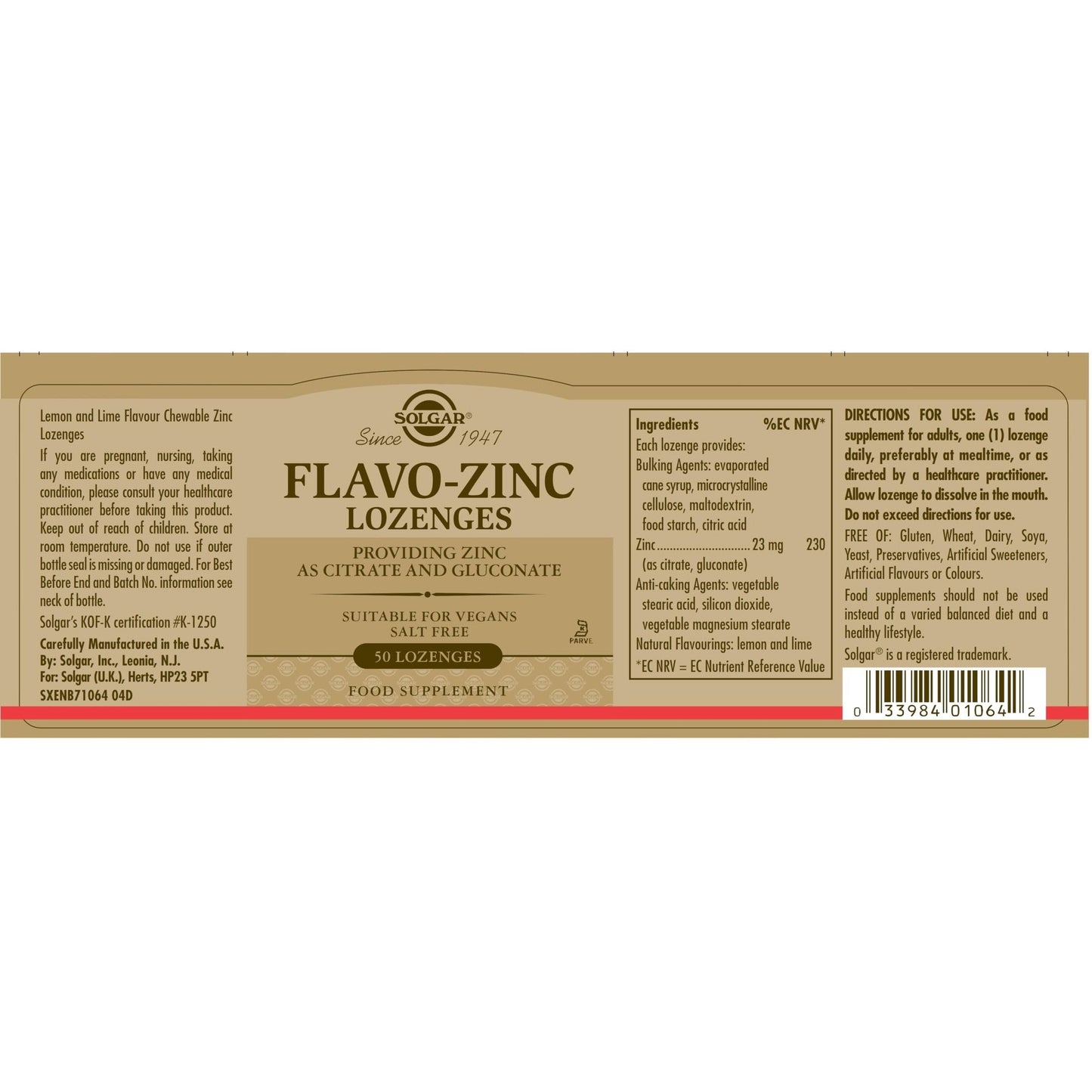 Solgar Flavo-Zinc Lozenge, 50 Count - Great-Tasting Lemon Lime Flavor - Antioxidant, Immune System Health - Highly Absorbable, Dissolves Quickly - Vegan, Gluten Free, Dairy Free, Kosher - 50 Servings - Medaid International