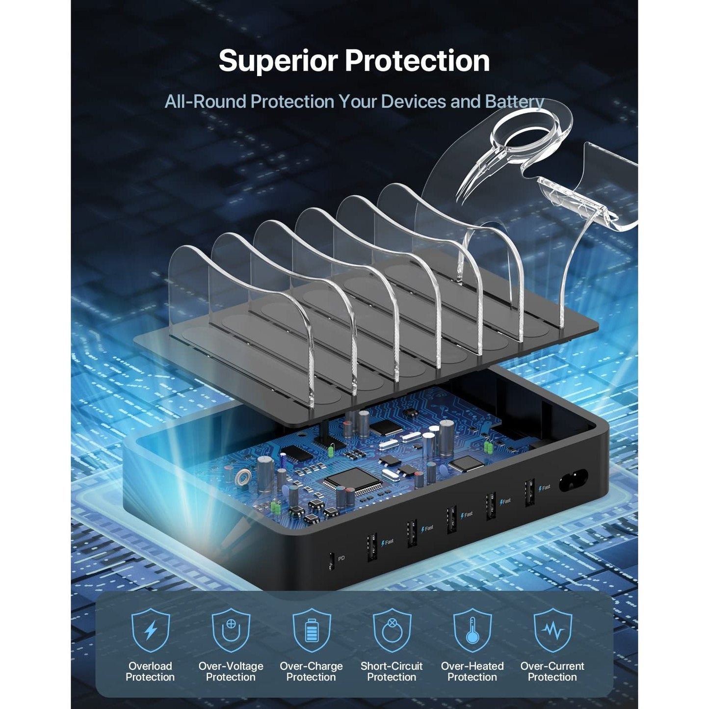 SooPii 6-Port PD Charging Station for Multiple Devices, 20W PD USB C Fast Charging for lPhone 14/13/12,6 Short Cables Included, 2 in 1 Holder,for Phones,Tablets and Others,Black - Medaid International