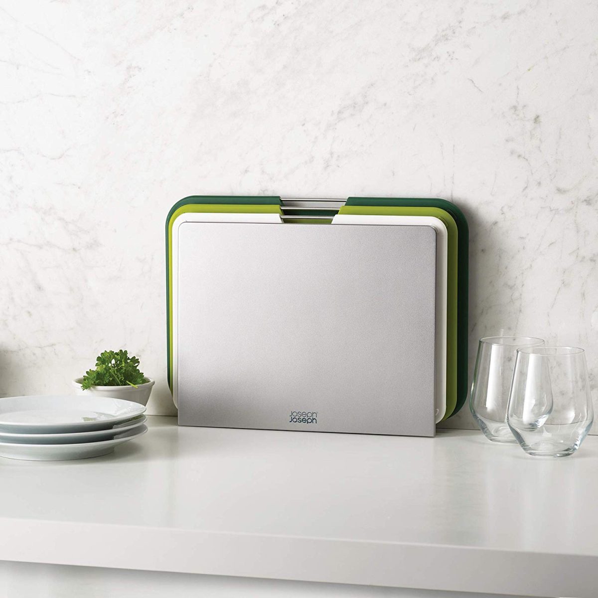 Joseph Joseph Nest Plastic Cutting Set with Storage Stand 3 Different Sized Boards, Large, Green