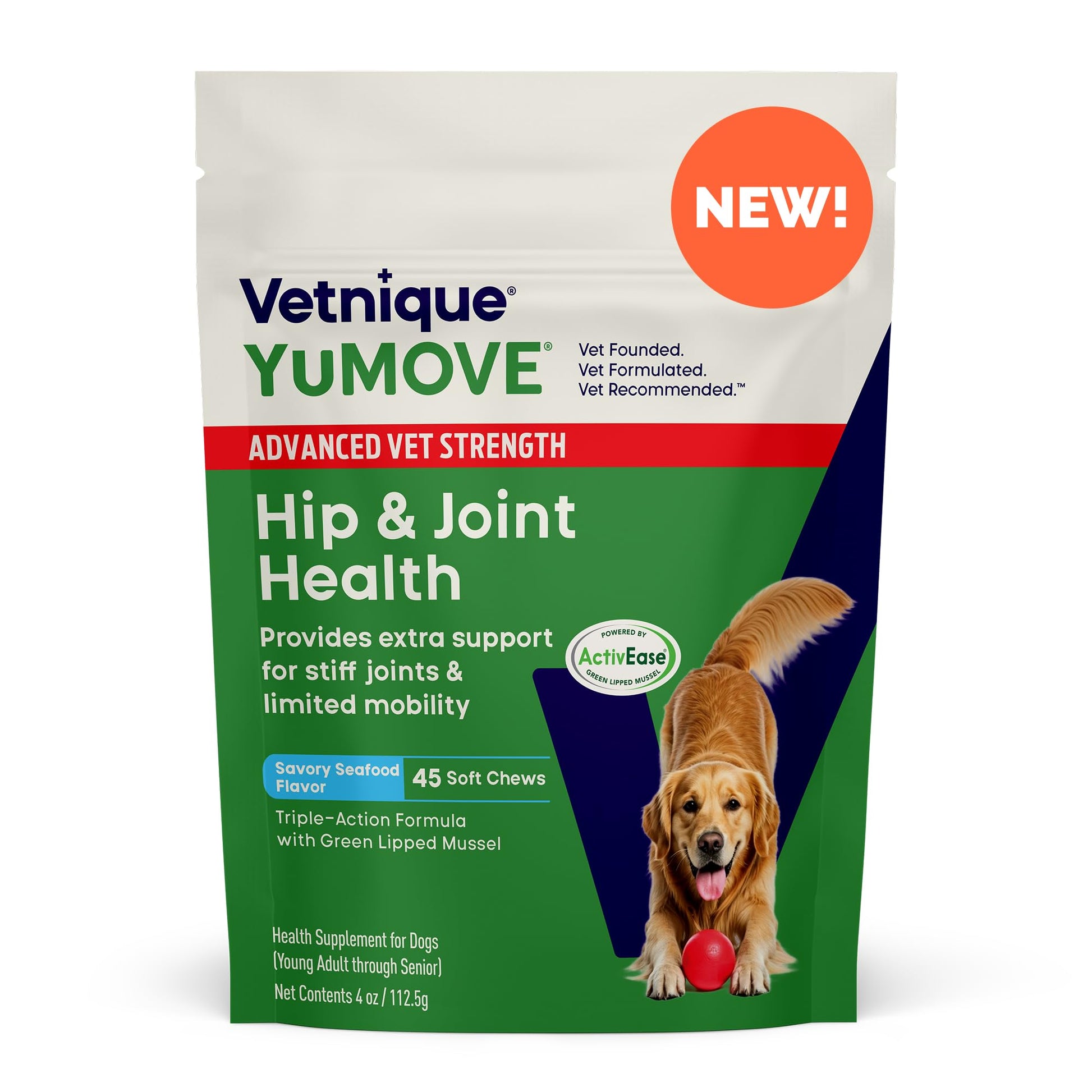 Yumove Hip & Joint Supplement for Dogs with Glucosamine, Hyaluronic Acid, Green Lipped Mussel & Omega 3 Joint Supplement - Regular or Advanced Strength (45 Count, Advanced Vet Strength Soft Chews) - Medaid International