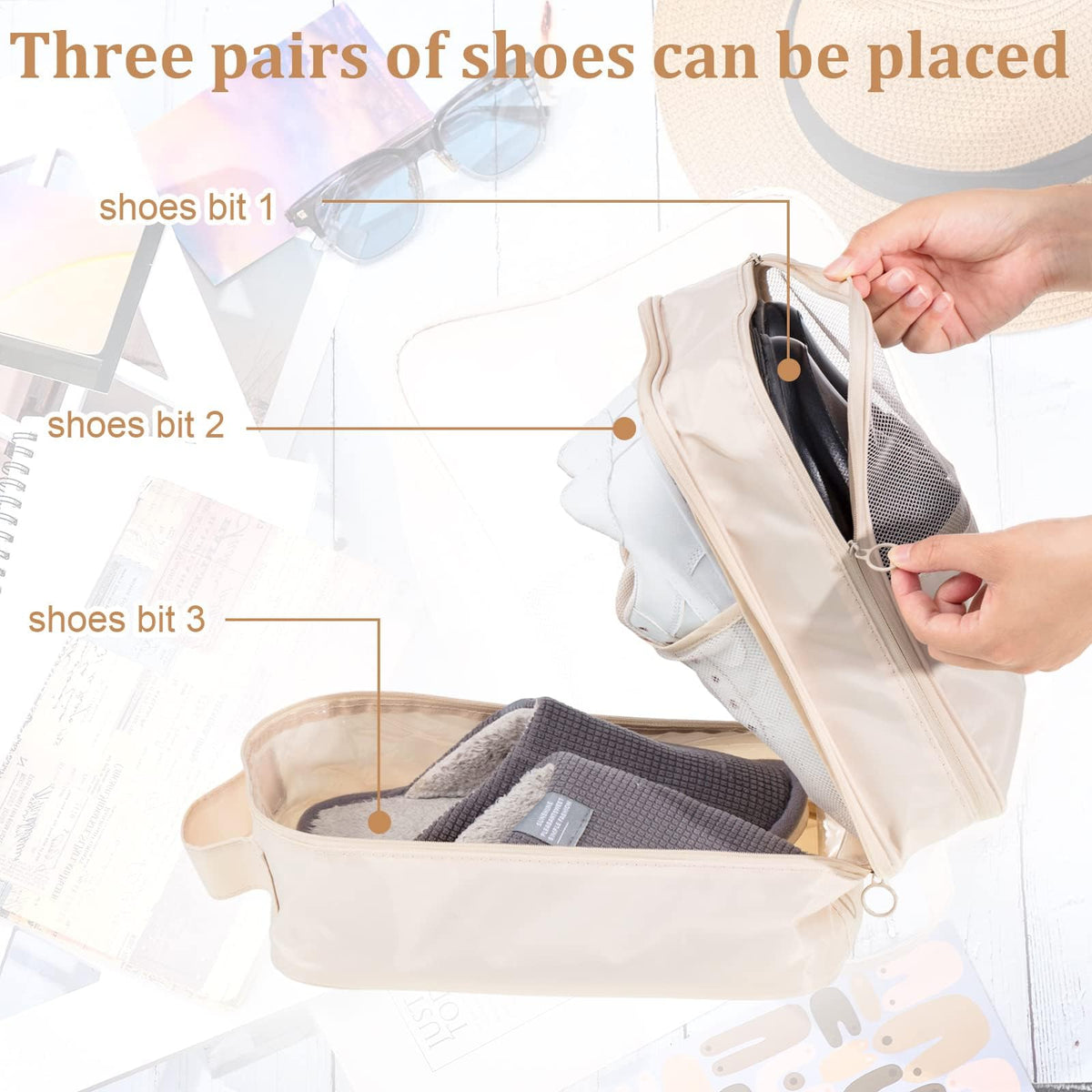 TERRIFI 3-Pack Waterproof Shoe Bags for Travel, Foldable Shoe Storage Pouch Organizer, Holds 3 Pairs of Shoes, Perfect for Daily Use, Beige