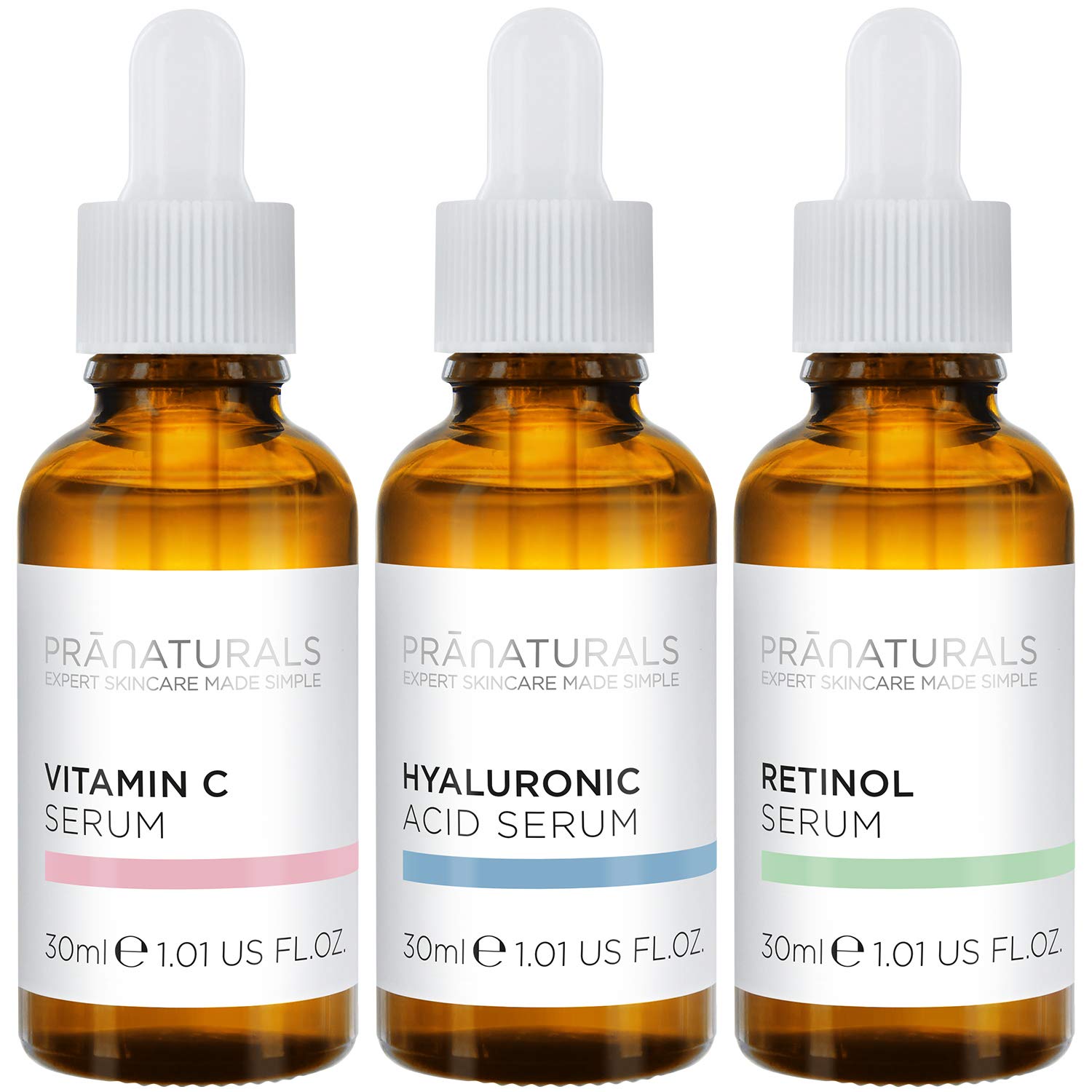 PraNaturals Skin Perfector Face Serum Kit 3x30ml – Hyaluronic Acid, Retinol & Vitamin C – Face Care Anti Ageing Lotion, Reduces fine lines and wrinkles, Enriched with natural oils and vitamins - Medaid International