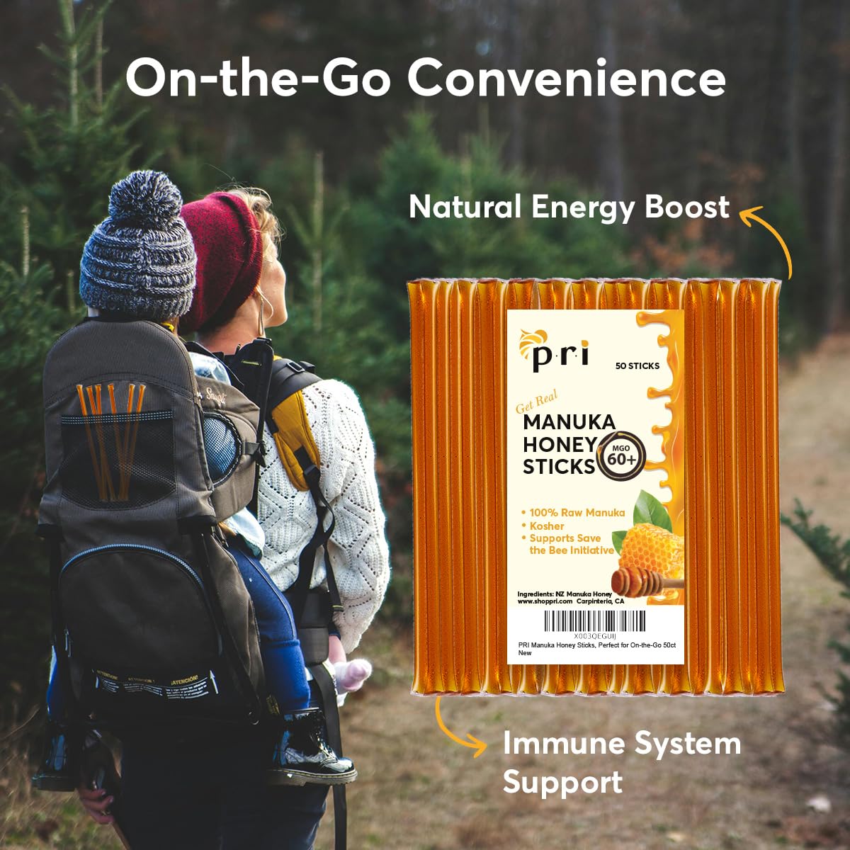 P.R.I Manuka Honey Sticks, Certified MGO 60+, Raw New Zealand Manuka Honey, Perfect for On-the-Go, 50 count - Medaid International