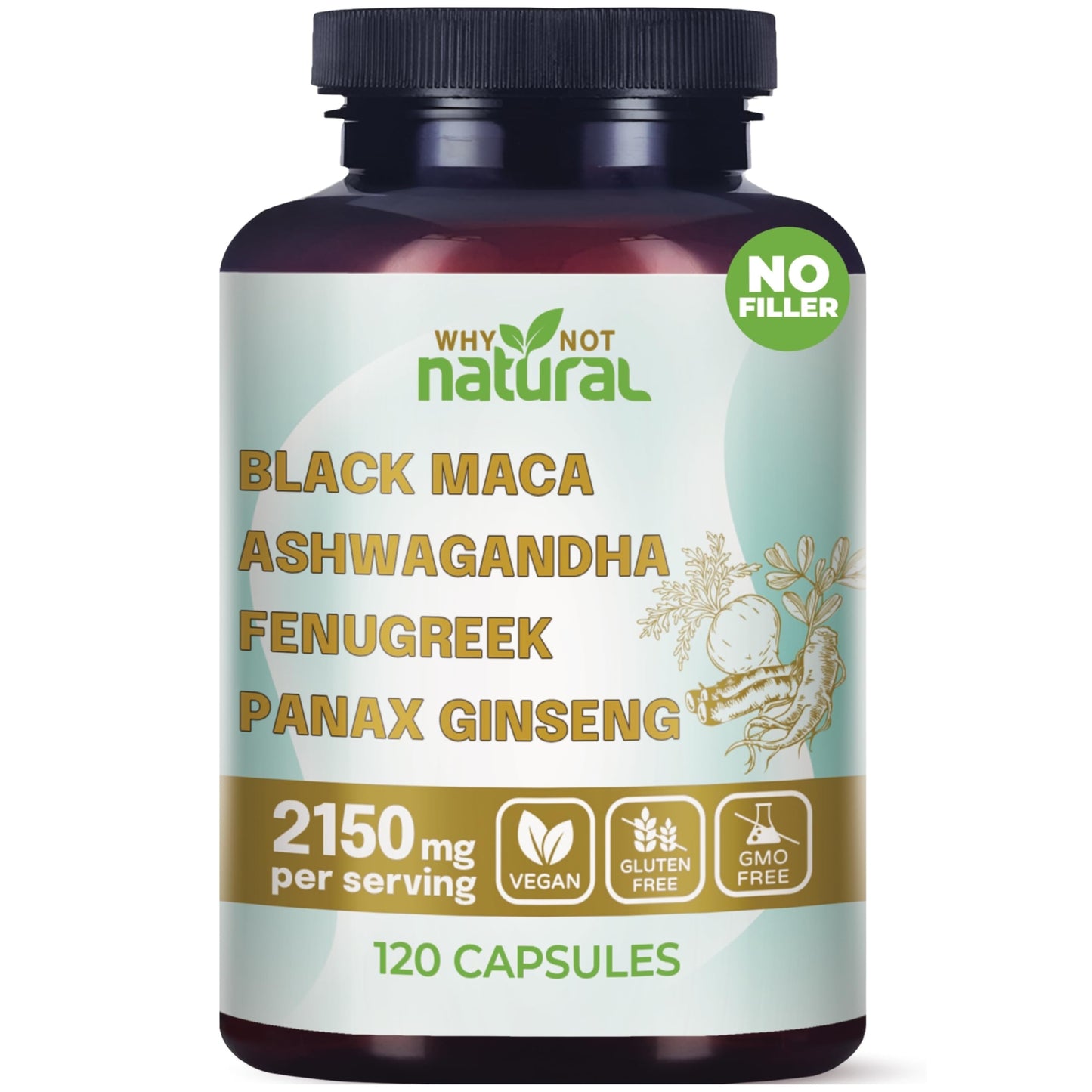 Why Not Natural 4-in-1 Organic Black Maca Root, Ashwagandha, Fenugreek, Panax Ginseng Capsules, Supplement for Men and Women - Medaid International