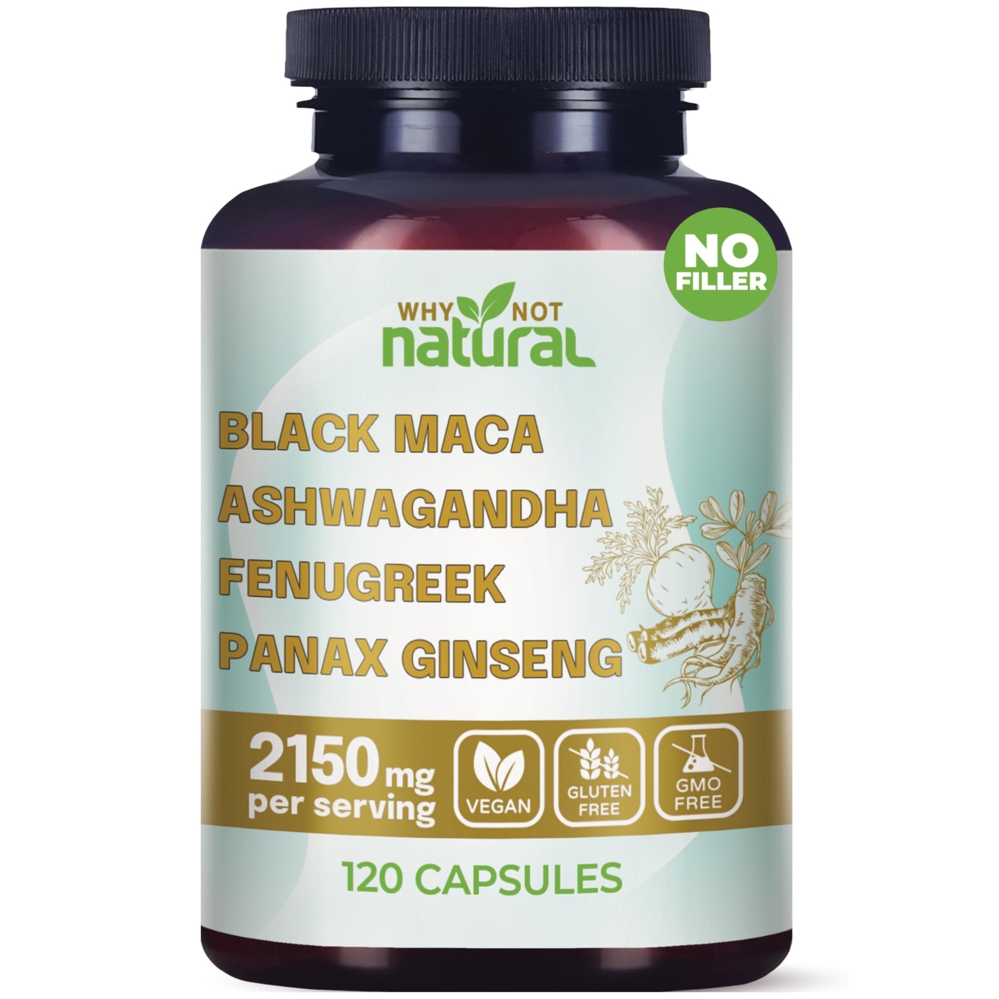Why Not Natural 4-in-1 Organic Black Maca Root, Ashwagandha, Fenugreek, Panax Ginseng Capsules, Supplement for Men and Women - Medaid International