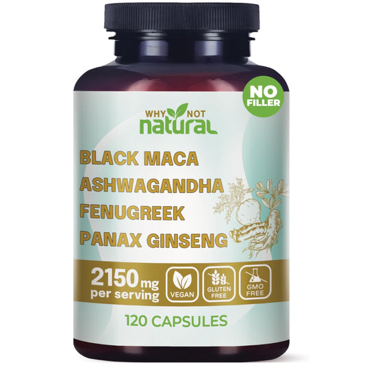 Why Not Natural 4-in-1 Organic Black Maca Root, Ashwagandha, Fenugreek, Panax Ginseng Capsules, Supplement for Men and Women - Medaid International
