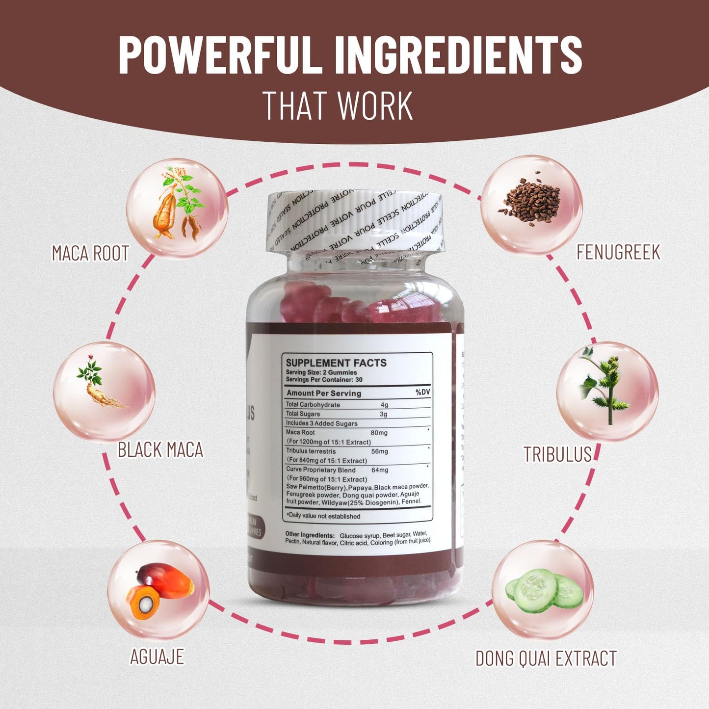 Wins Town Maca Plus Gummies, 1500mg Big Booty Enhancer with Black Maca Root & Dong Quai Extract, 60 Count - Medaid International