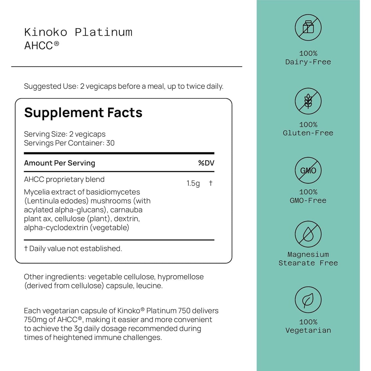 Quality of Life Premium Kinoko Platinum AHCC Herbal Supplement, 750mg of AHCC per Capsule, for Immune Support, Liver Function, Maintains Natural Killer Cell Activity, 1 Pack, 60 Veggie Capsules - Medaid International
