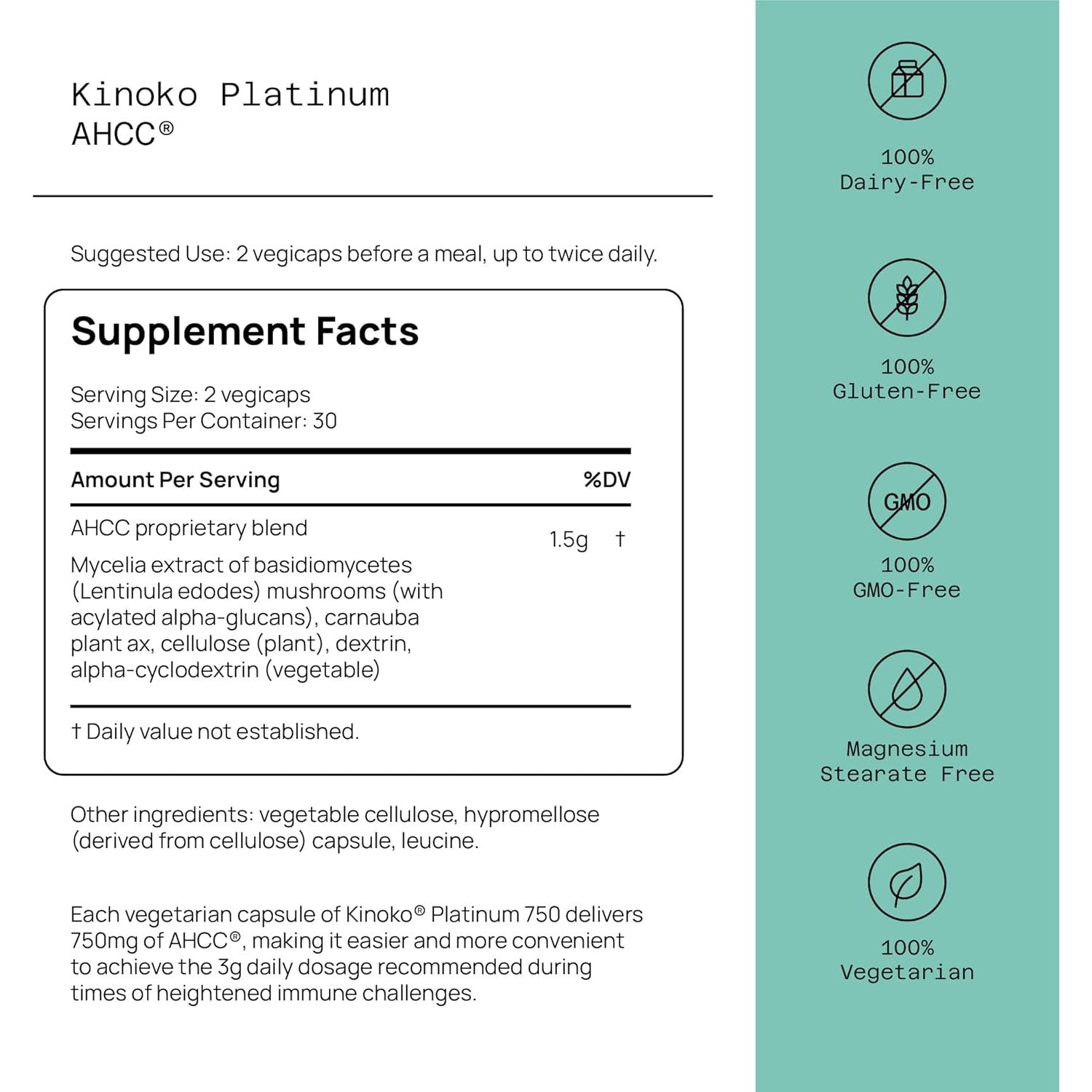 Quality of Life Premium Kinoko Platinum AHCC Herbal Supplement, 750mg of AHCC per Capsule, for Immune Support, Liver Function, Maintains Natural Killer Cell Activity, 1 Pack, 60 Veggie Capsules - Medaid International