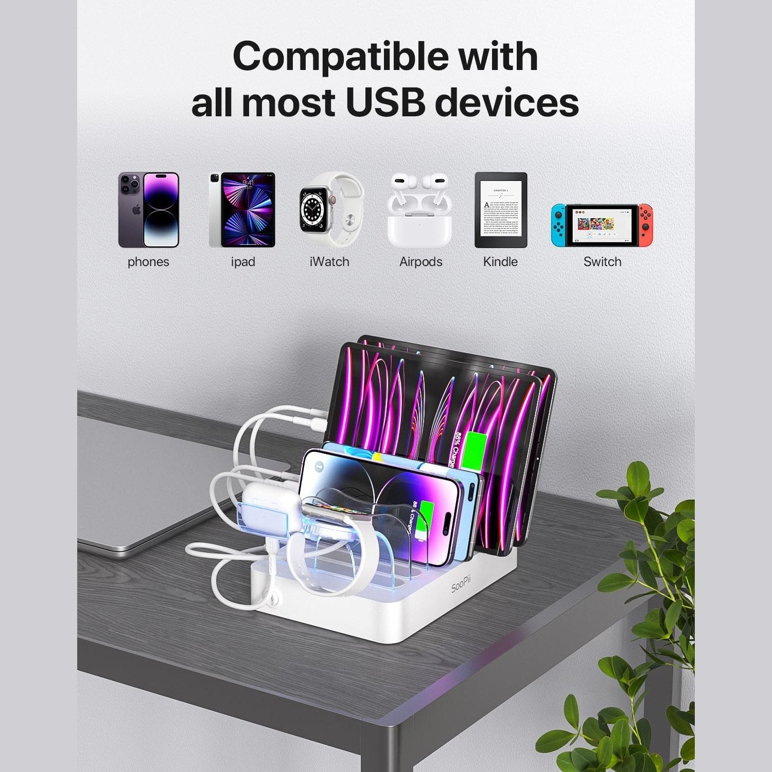 SooPii Premium 6-Port USB Charging Station Organizer for Multiple Devices, 6 Short Charging Cables and One Upgraded i-Watch Charger Holder Included, for Phones, Tablets, and Other Electronics, White - Medaid International