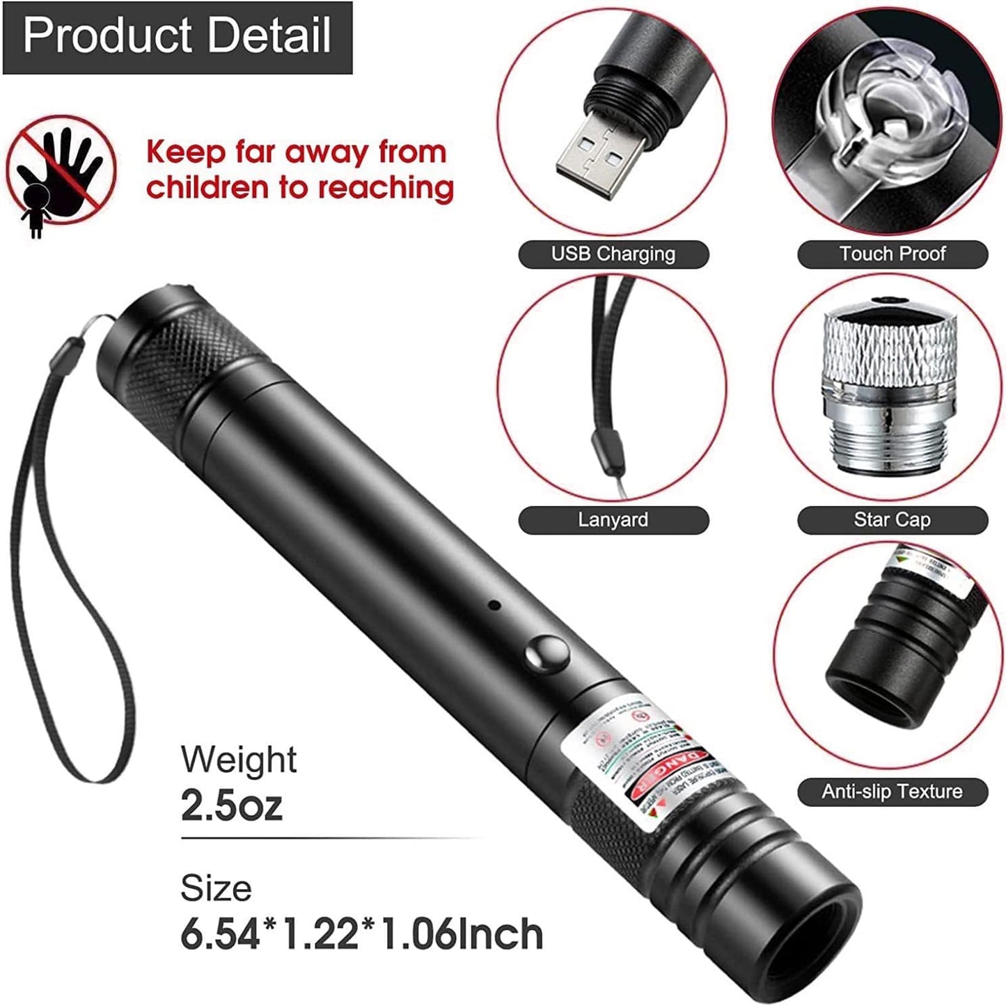 Red Laser Pointer, High Power Laser Pointer, Suitable for Tv/LED/LCD Screen Demonstrations, Outdoor Exploration, and Construction Projects, with USB Charging Option - Medaid International