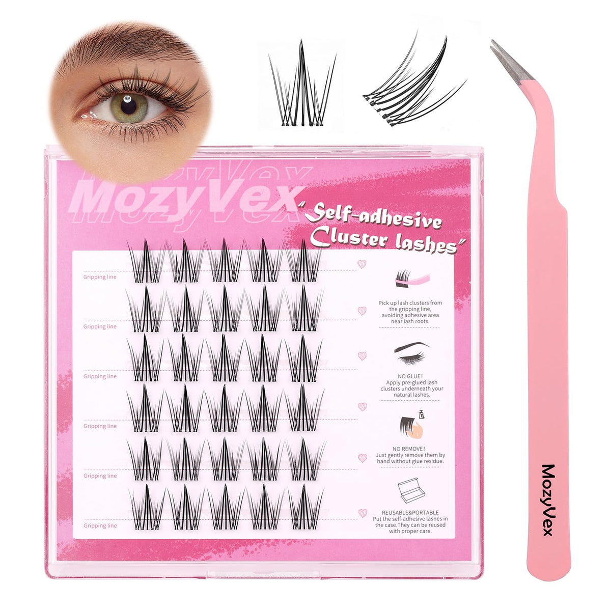 36pcs Self Adhesive Lash Clusters Reusable DIY Eyelash Extensions - D Curl 10-16mm Pre-Glued Lash Clusters No Glue Needed, Includes Tweezers for 1-STEP Easy Application