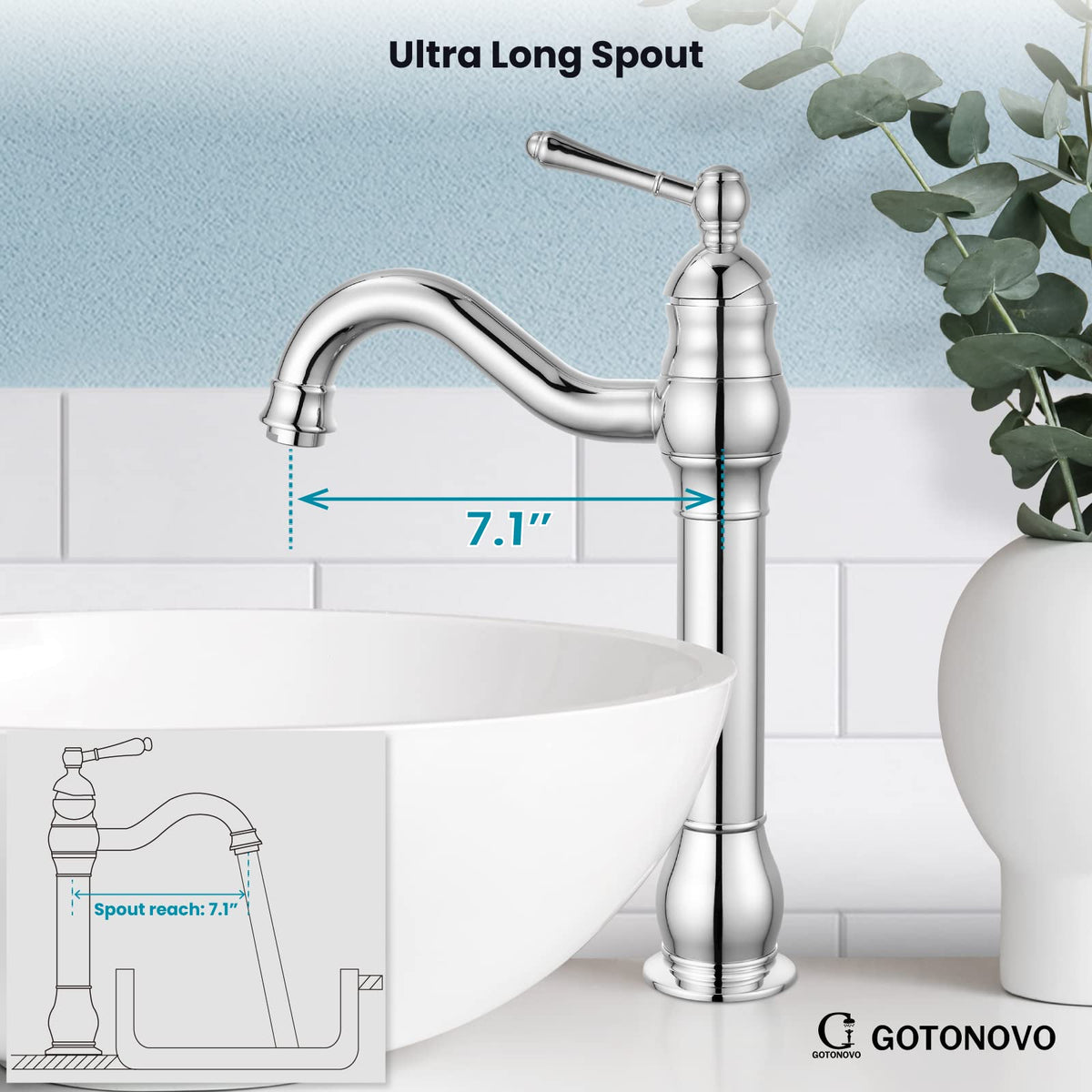 gotonovo Bathroom Vessel Sink Faucet Polish Chrome Single Handle Lavatory Vanity Mixer Bar Tap 360° Swivel with Pop Up Drain Tall Spout Single Hole Deck Mount