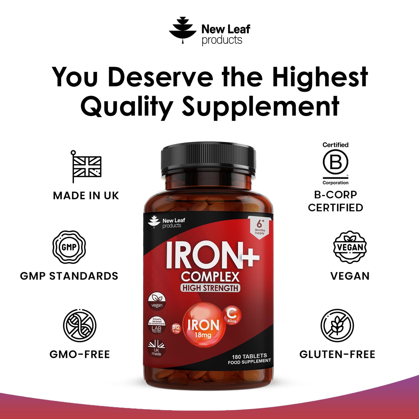 Iron Tablets 18mg High Absorbency with Vitamins A, C, B2, B12, and Folate - Helps Tiredness and Fatigue - Vegan Iron Supplements, Non-GMO Gluten-Free, GMP UK-Made, 180 Tablets 6 Months Supply - Medaid International