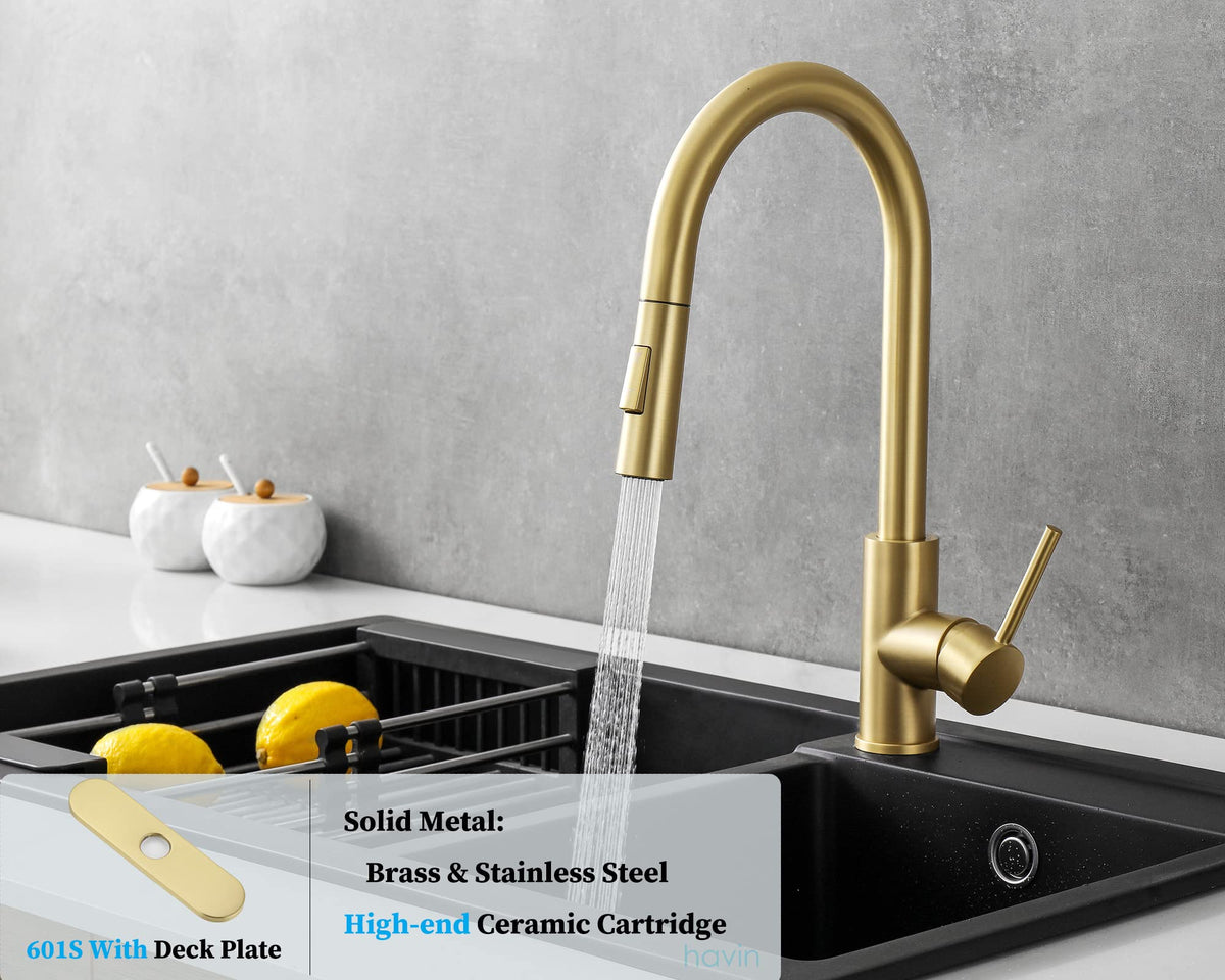 Havin HV601 Kitchen Faucet,Brushed Gold Color, cUPC Certificate for The Cartridge,Fit for 1 and 3 Holes Kitchen Sink,Brassy Yellow-Greenish,Gold Color