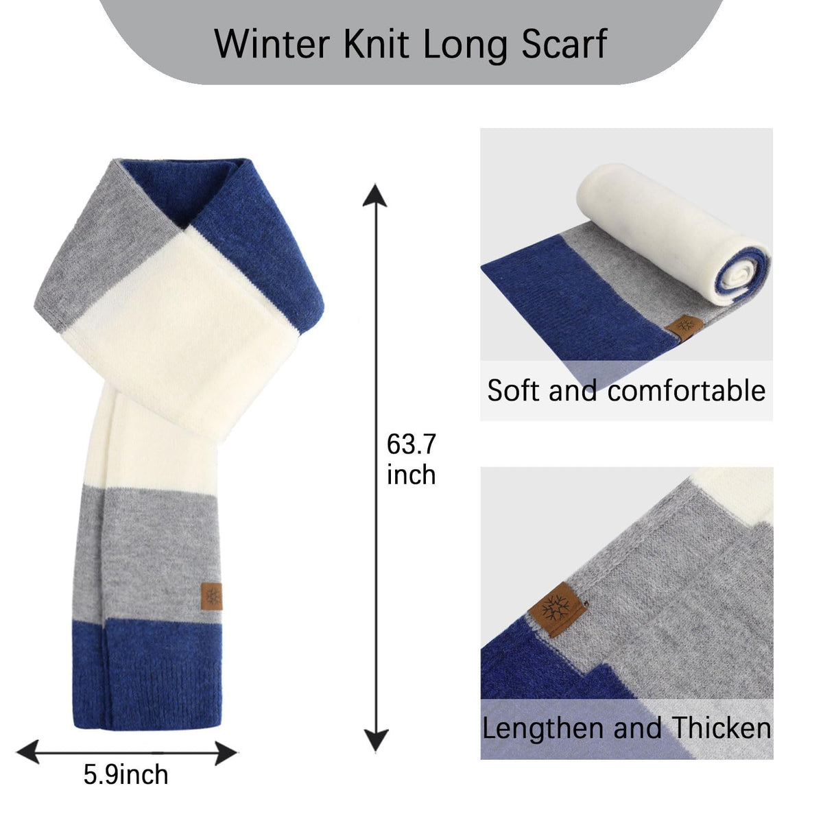 TERRIFI Winter Beanie Hat Scarf and Touchscreen Gloves Set for Women Thermal Fleece Lined 3 Piece Knit Set for Cold Weather Long Thick Scarf and Elastic Skull Cap with Pom-Pom Gray and Blue