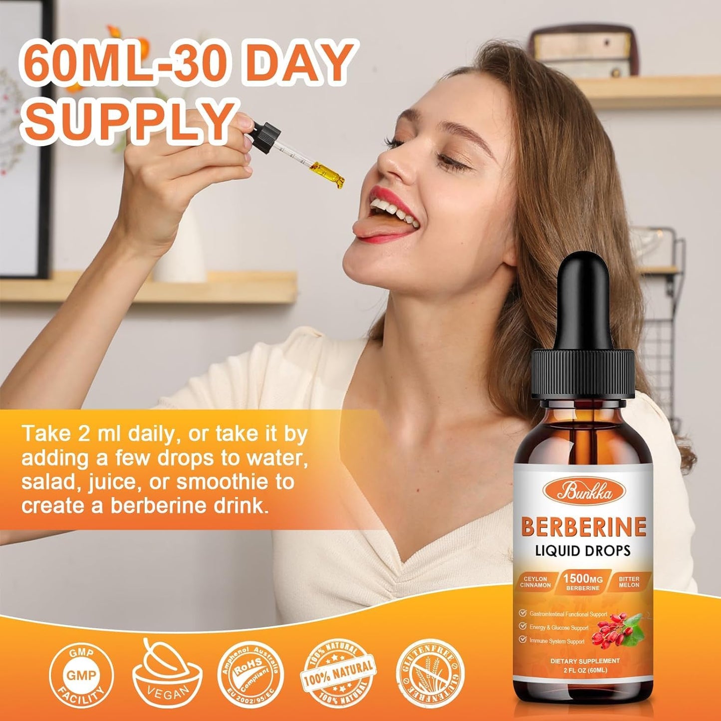 Bunkka (2 Pack) Berberine Supplement, Berberine Liquid Drops with Ceylon Cinnamon, Bitter Melon, Sugar-Free & Vegan Supplement Supports Immune System & Gastrointestinal Care - 4 FL Oz - Medaid International