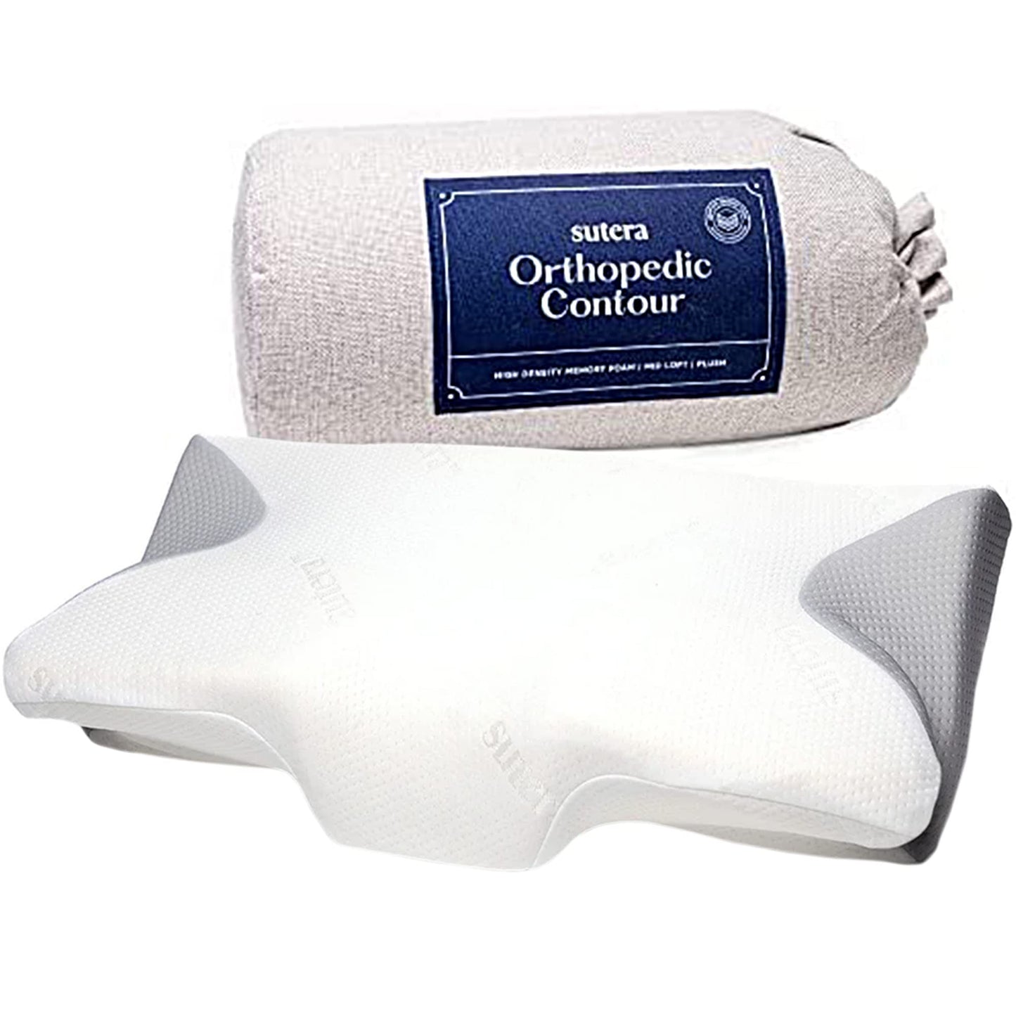 SUTERA - Dream Deep Contour Memory Foam Pillow, Orthopedic Cervical Support for Neck, Shoulder and Back Pain Relief, Ergonomic Pillow for Side, Back and Stomach Sleepers, Washable Cover - White+Bag - Medaid International