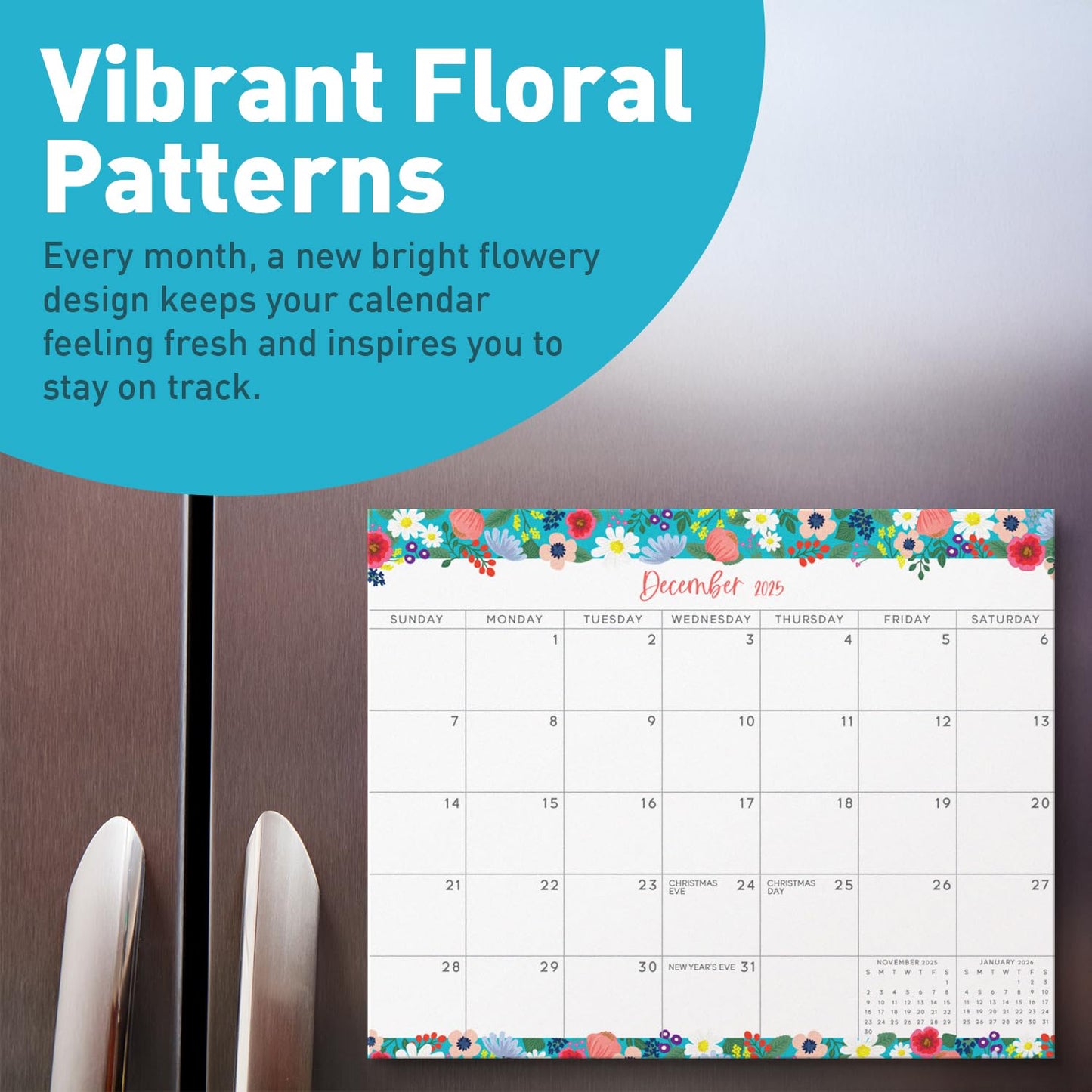 S&O Floral Magnetic Fridge Calendar from July 2025-Dec 2026 - Tear-Off Refrigerator Calendar to Track Events & Appointments - 18 Month Magnetic Planner for Fridge for Easy Planning - 8"x10" in. - Medaid International