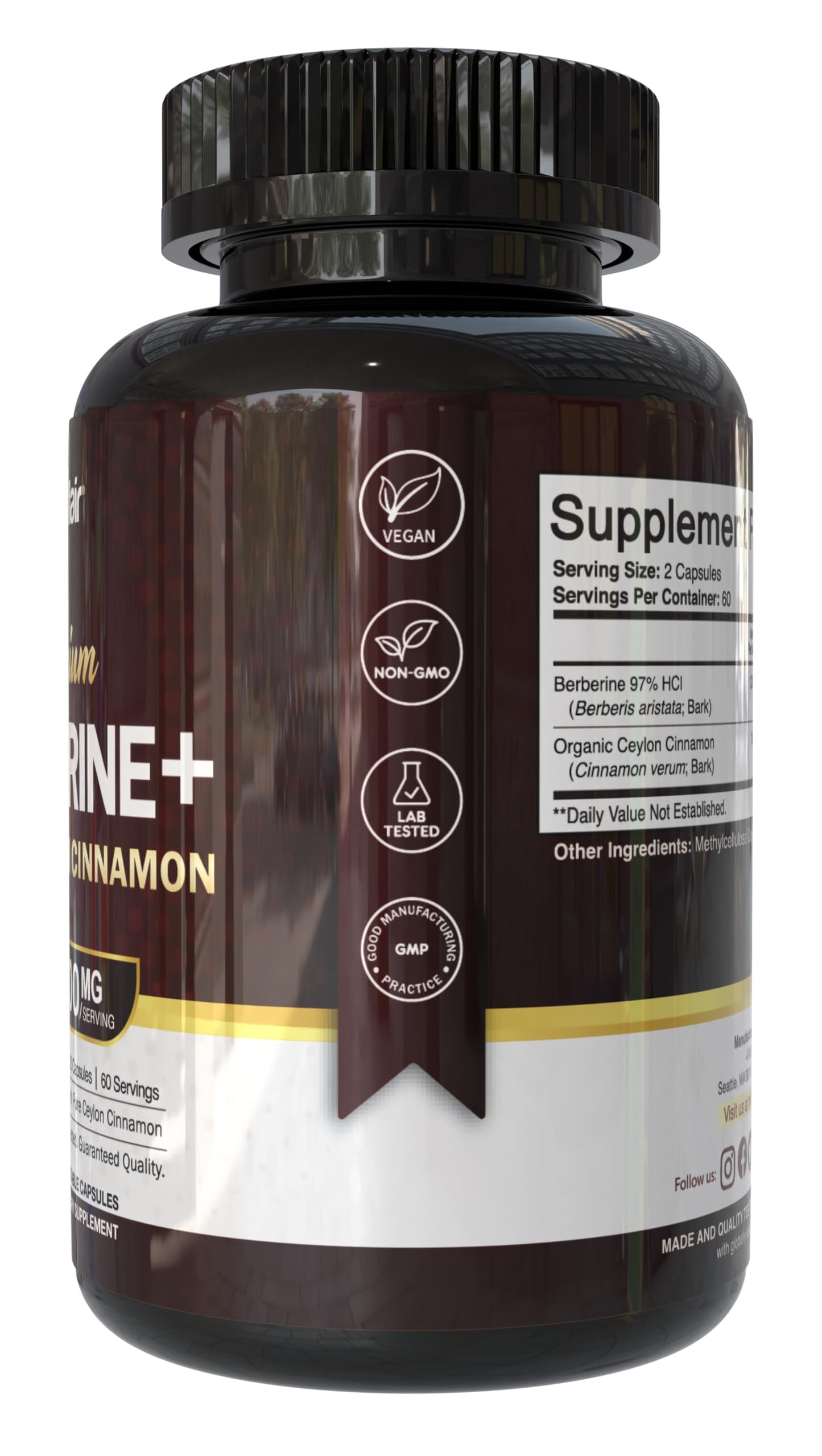 NutriFlair Berberine 97% HCl with Ceylon Cinnamon Supplement, 120 Capsules – High Potency, Premium Quality, Vegan-Friendly – 60 Servings - Medaid International